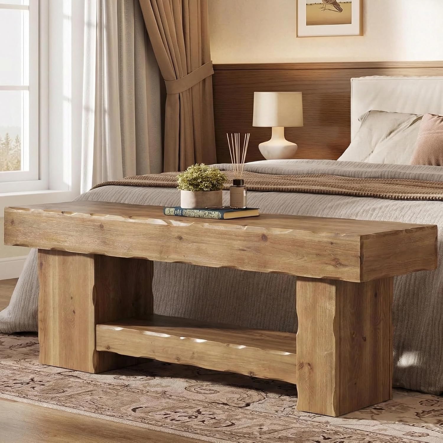 63" Solid Wood Dining Bench, Farmhouse Kitchen Table Bench with Storage Shelf
