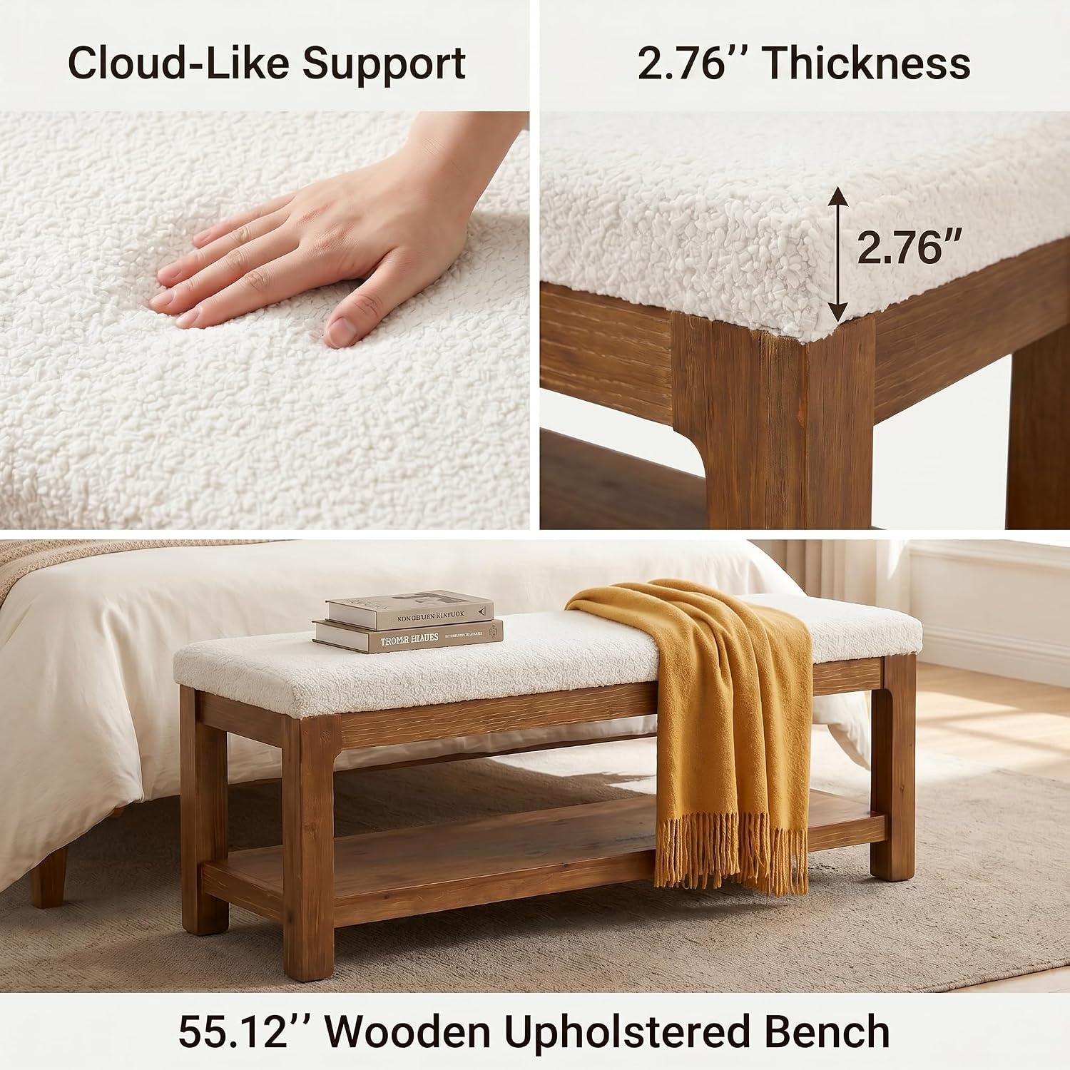 55" Entryway Bench, Solid Wood Upholstered Ottoman Bedroom Bench