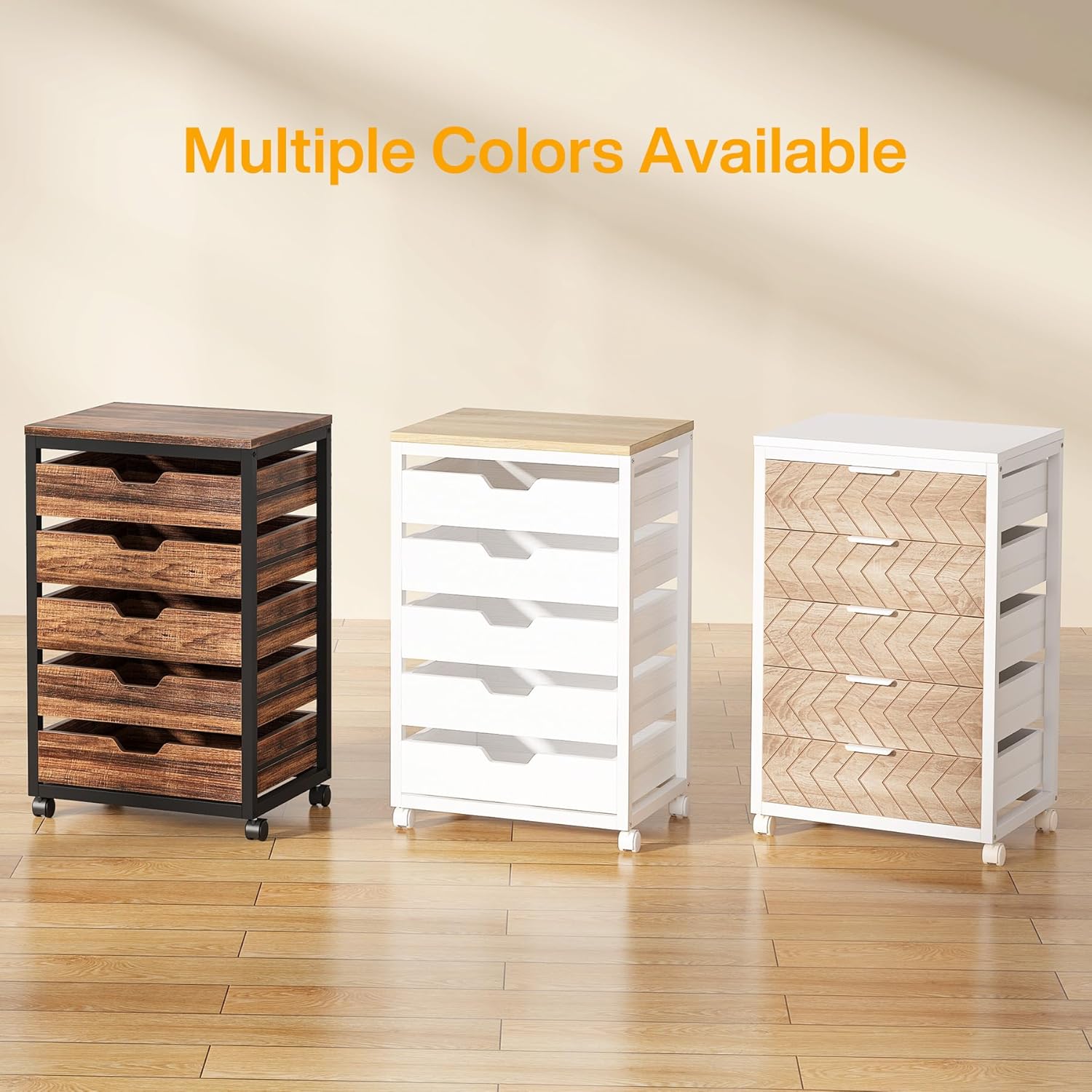 5-Drawer File Cabinet, Wood Mobile Storage Drawer Unit Industrial Office Cabinet with Drawers & Wheels