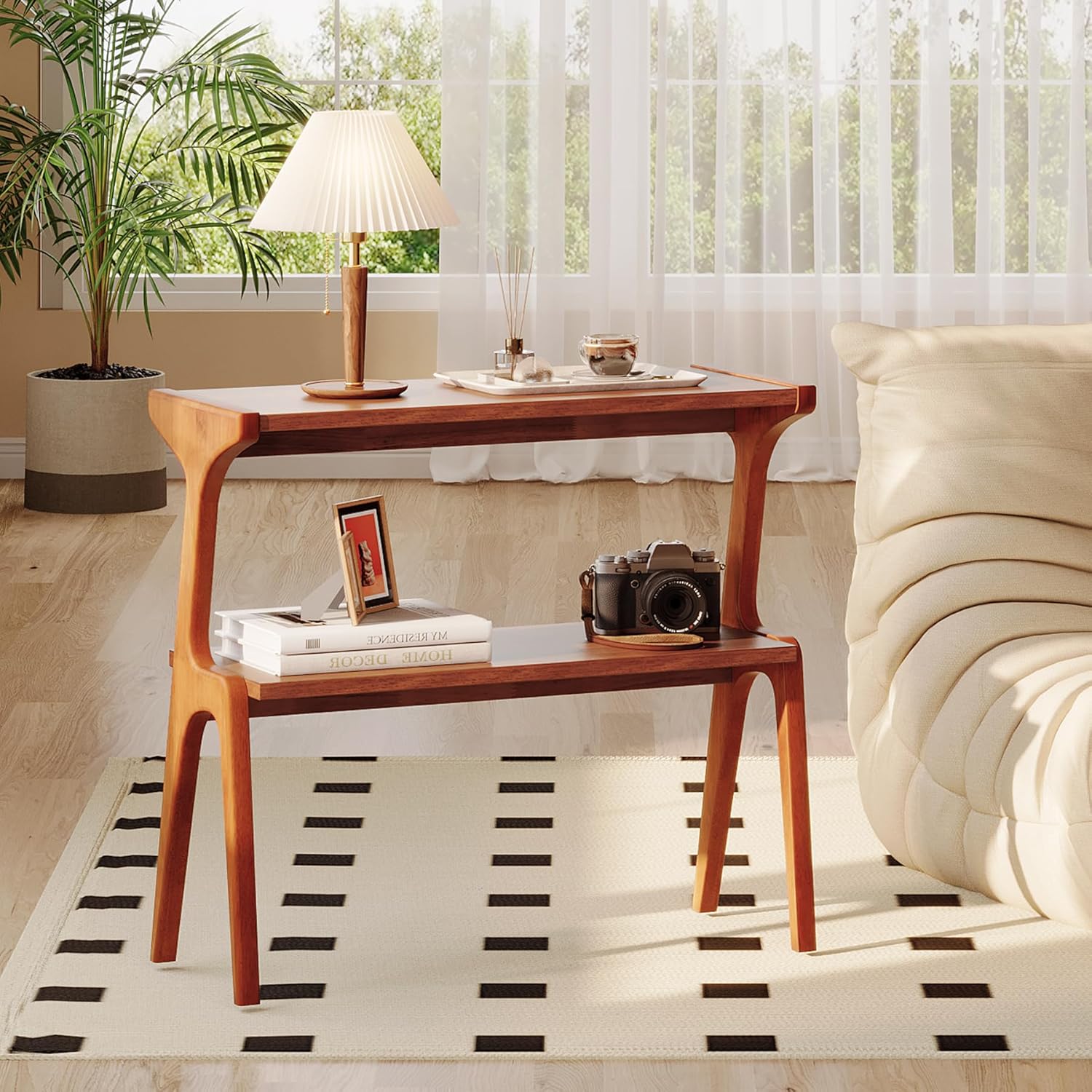 2-Tier Slim End Table, Solid Wood Sofa Side Table with Storage Shelf