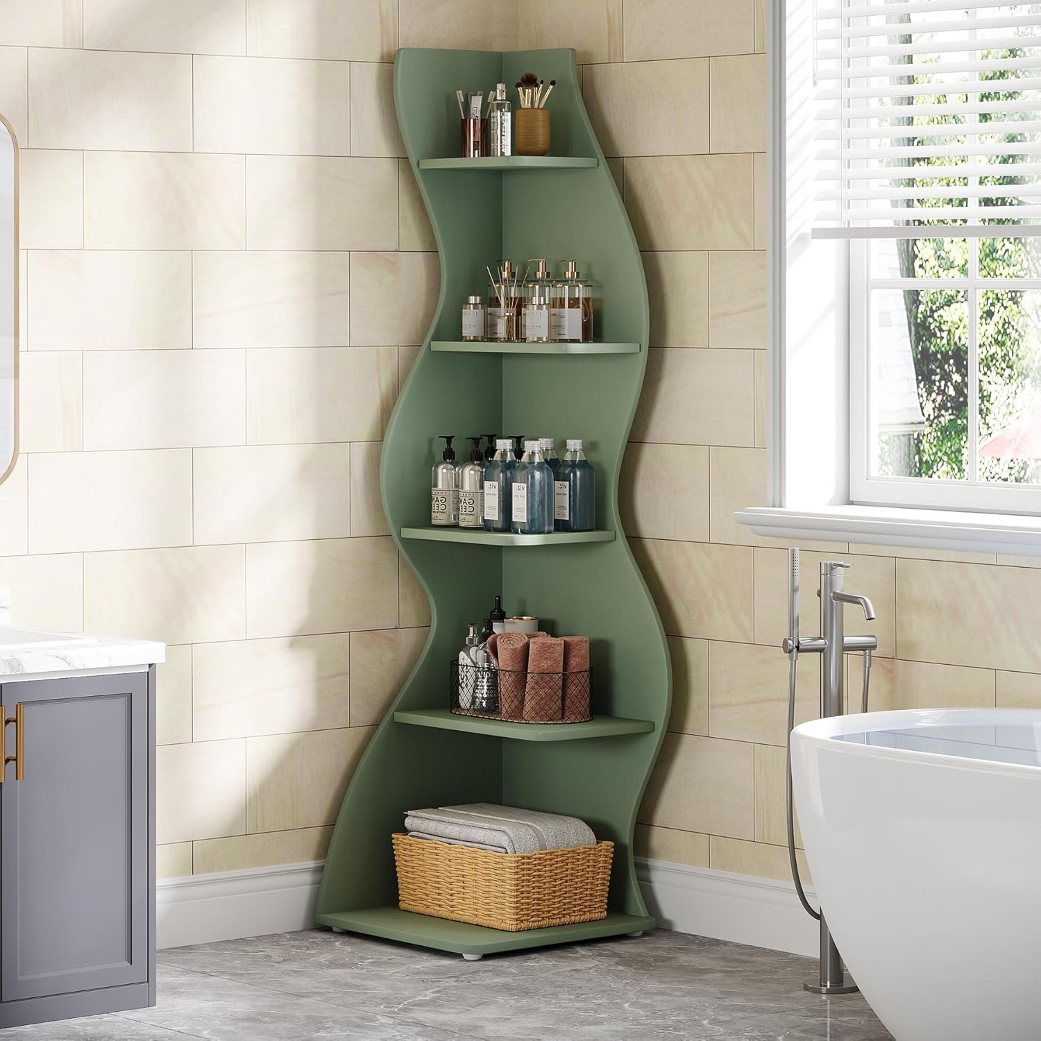 Tribesigns Wavy Corner Shelf, Modern 5-Tier Curved Bookshelf for Small Spaces