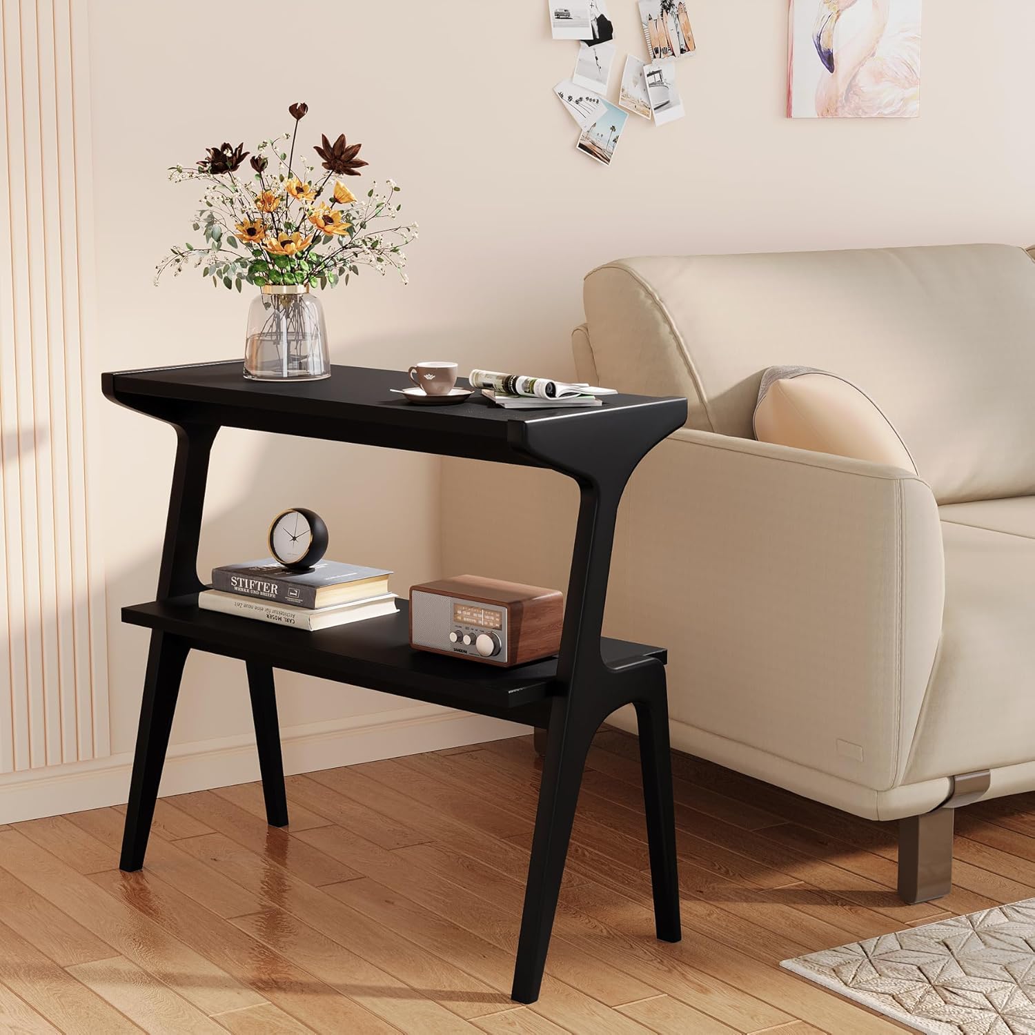 2-Tier Slim End Table, Solid Wood Sofa Side Table with Storage Shelf