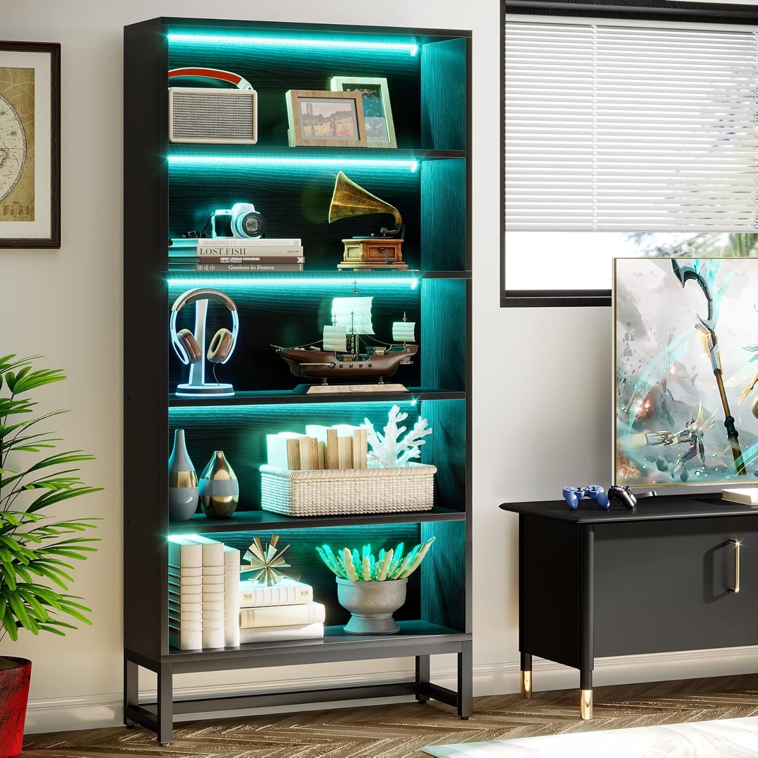 Tribesigns 70.8-Inch Tall Bookcase with LED Lights, 5-Tier Black Bookshelf Organizer