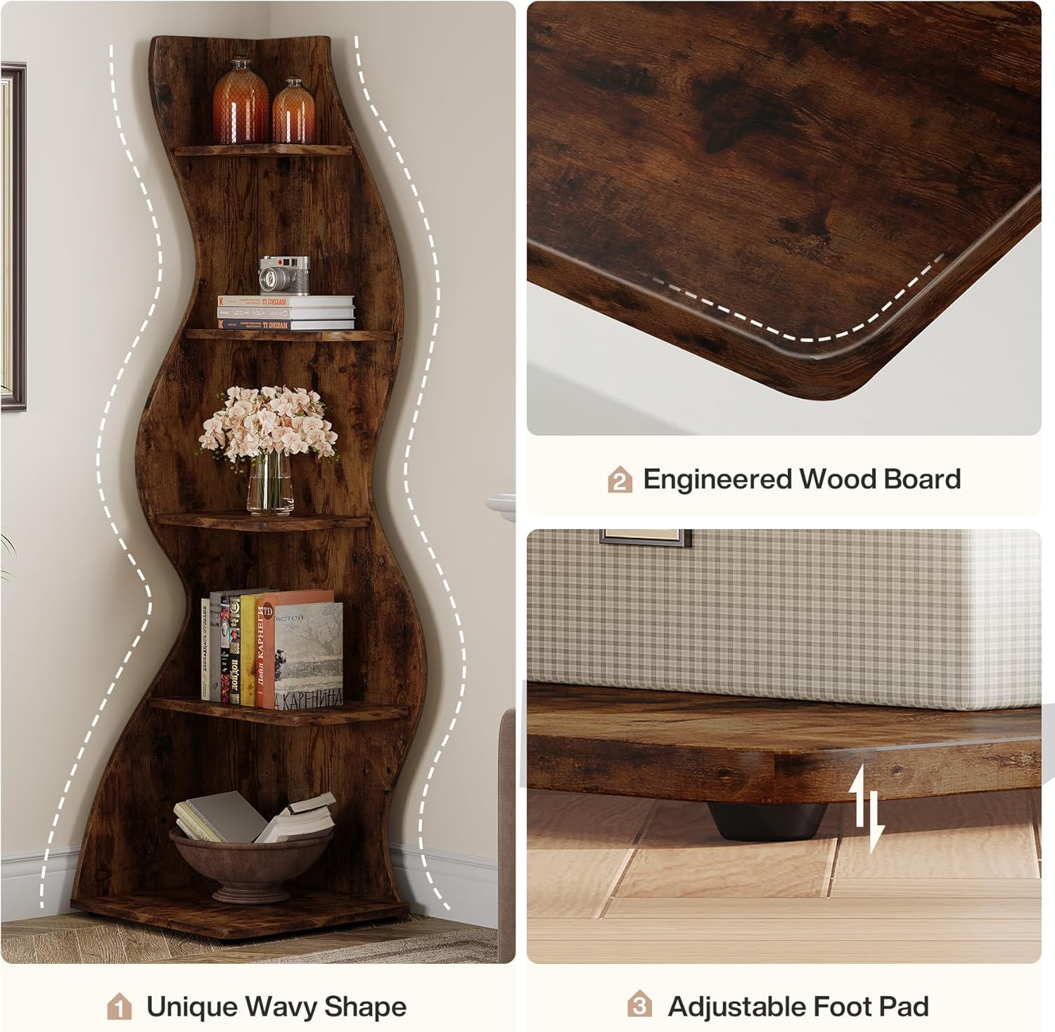 Tribesigns Wavy Corner Shelf, Modern 5-Tier Curved Bookshelf for Small Spaces