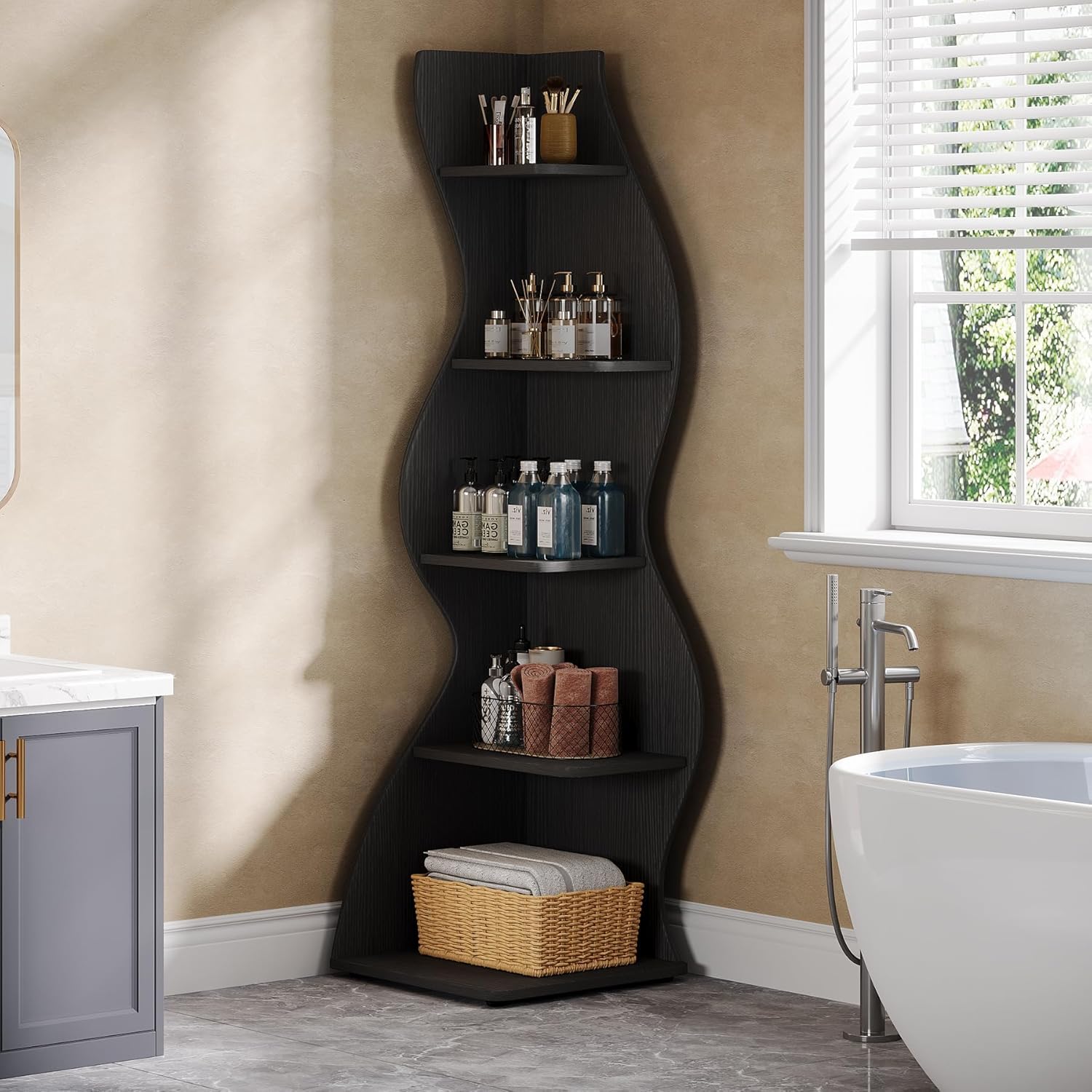 Tribesigns Wavy Corner Shelf, Modern 5-Tier Curved Bookshelf for Small Spaces