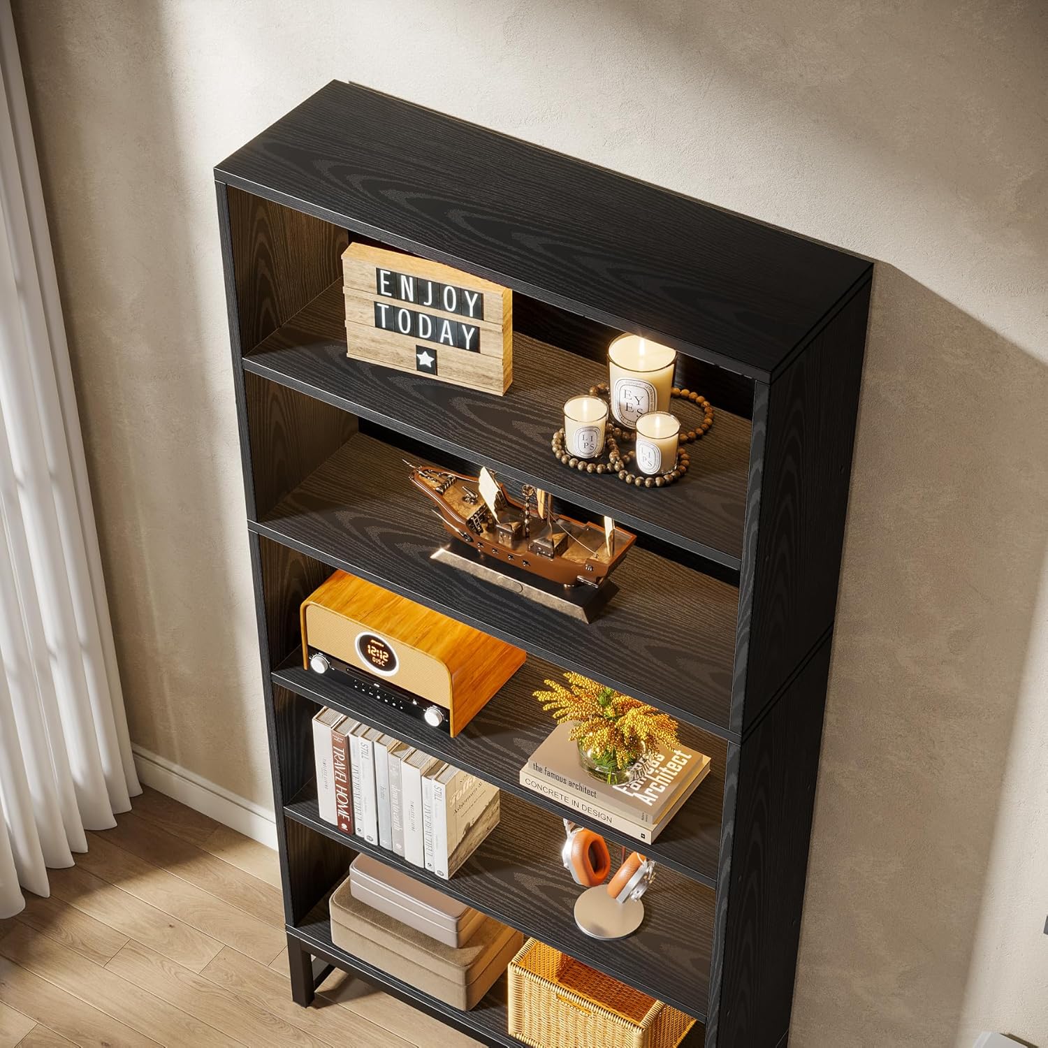 Tribesigns 70.8-Inch Tall Bookcase with LED Lights, 5-Tier Black Bookshelf Organizer