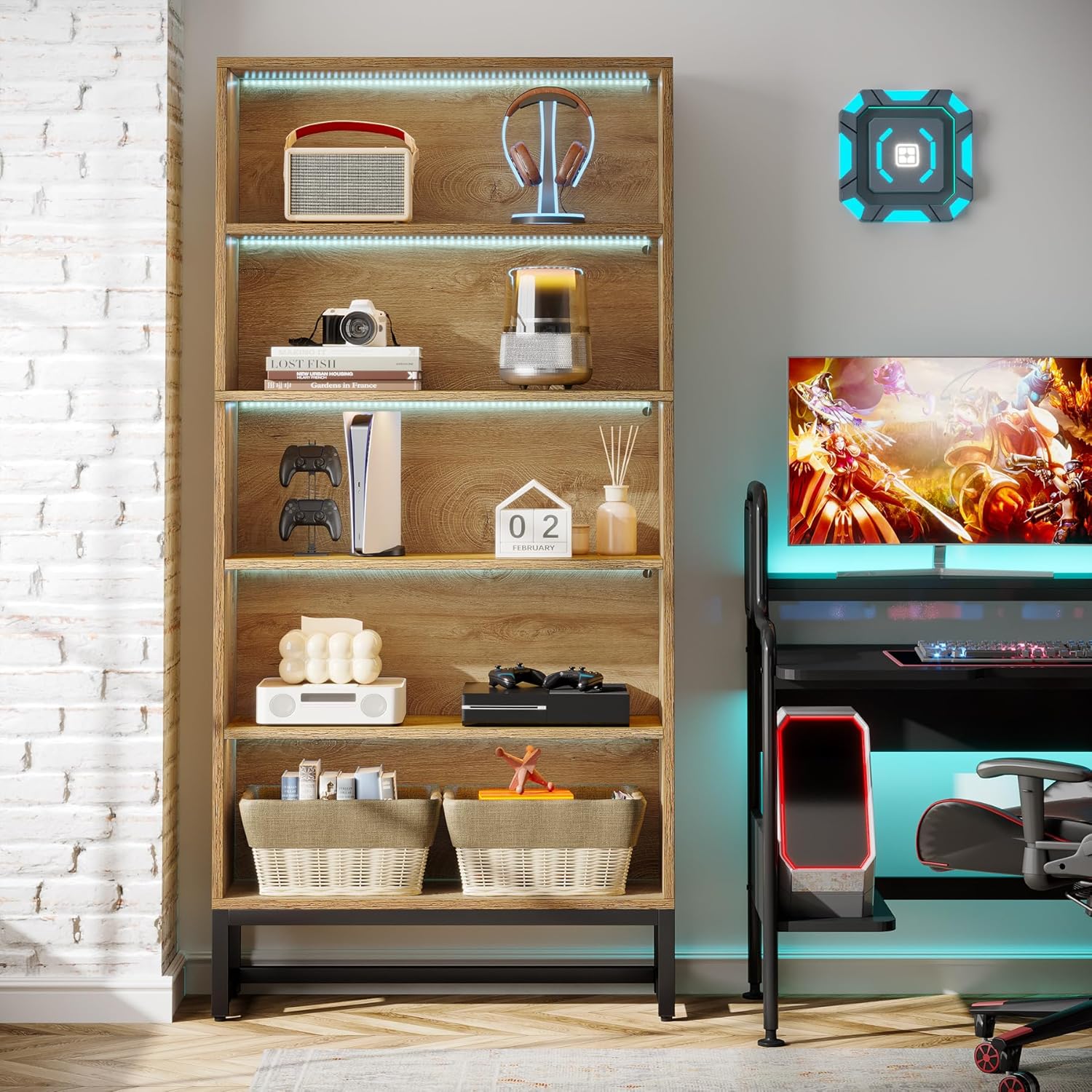 Tribesigns 70.8-Inch Tall Bookcase with LED Lights, 5-Tier Black Bookshelf Organizer