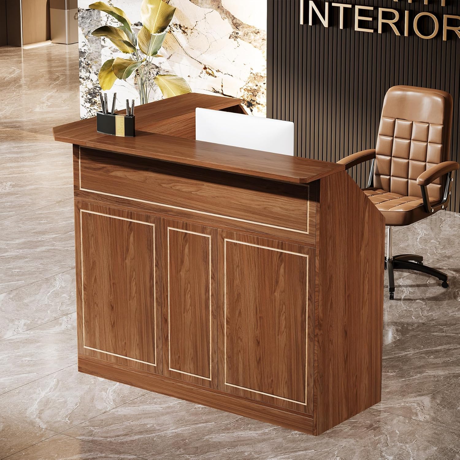 L-Shaped Reception Desk with Storage Shelves, Modern Front Desk for Small Office or Salon