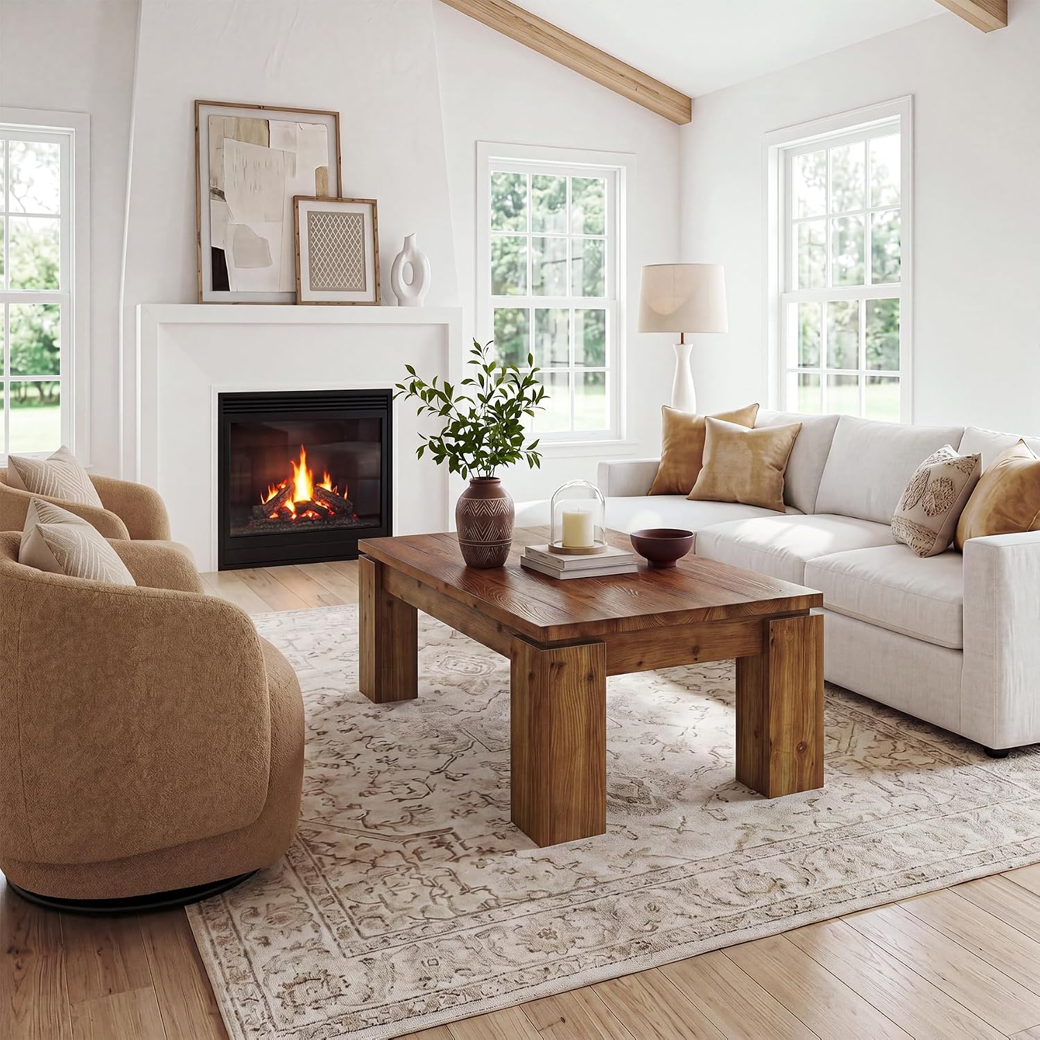 47" Solid Wood Coffee Table, Rectangular Chunky Leg Center Table Cocktail Tea Table