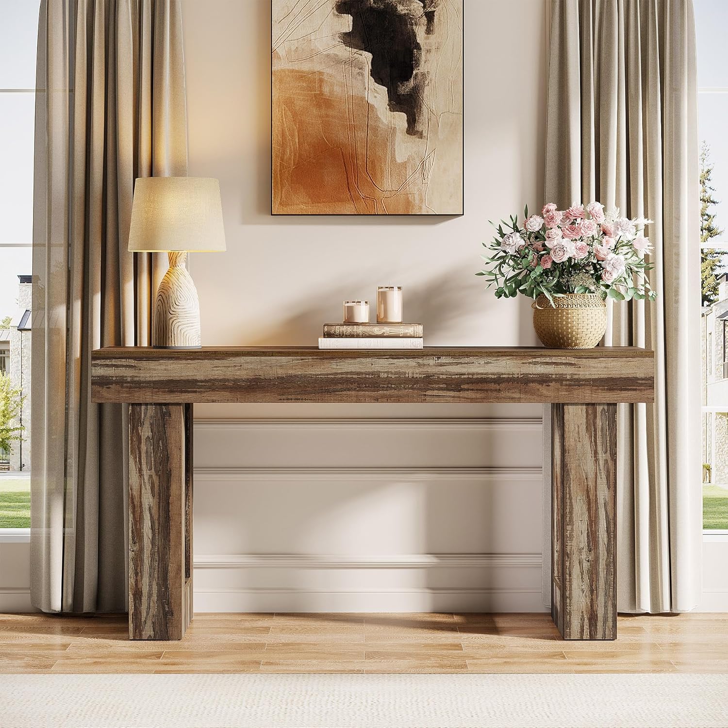 63" Wood Sofa Table, Chunky Console Table for Entryway