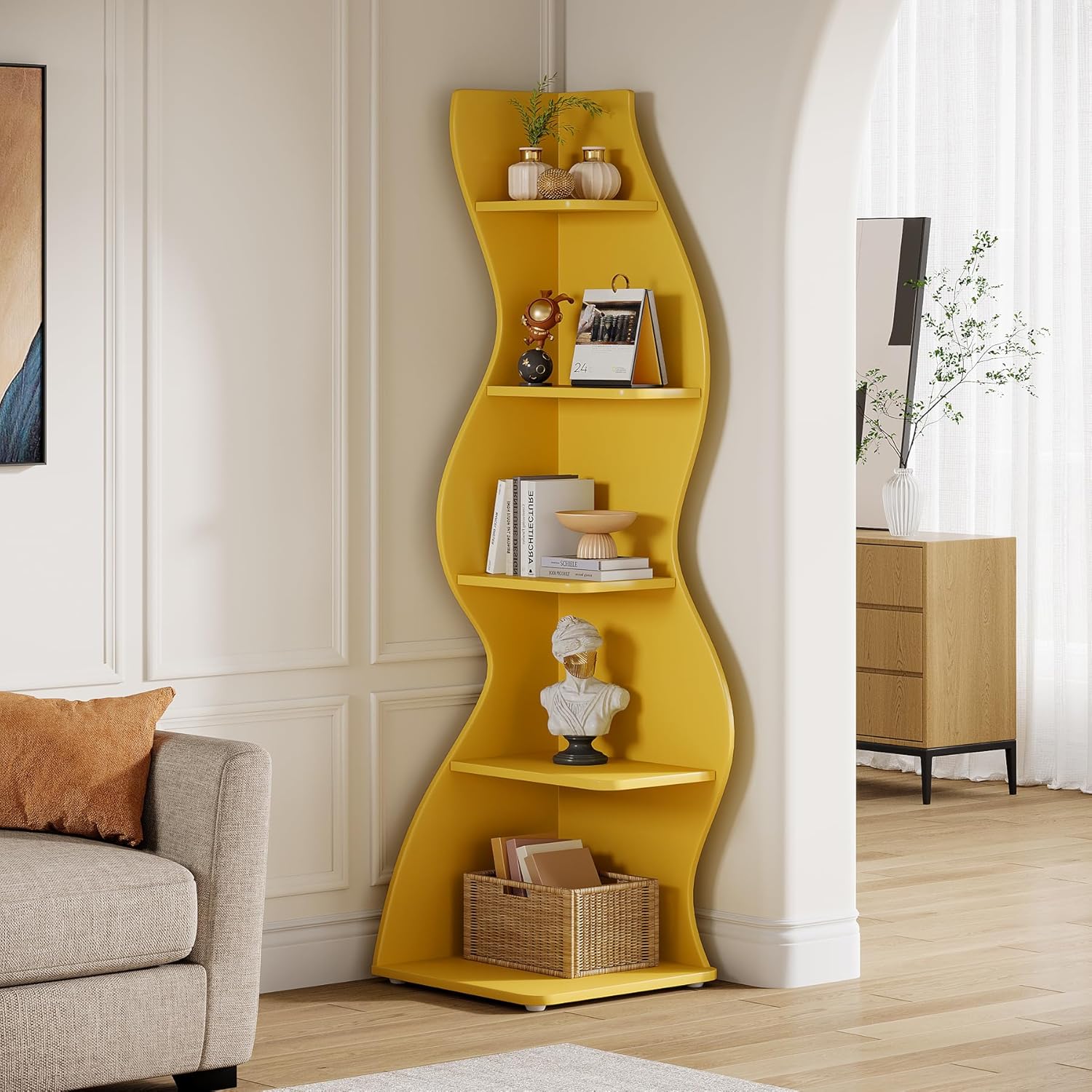 Tribesigns Wavy Corner Shelf, Modern 5-Tier Curved Bookshelf for Small Spaces