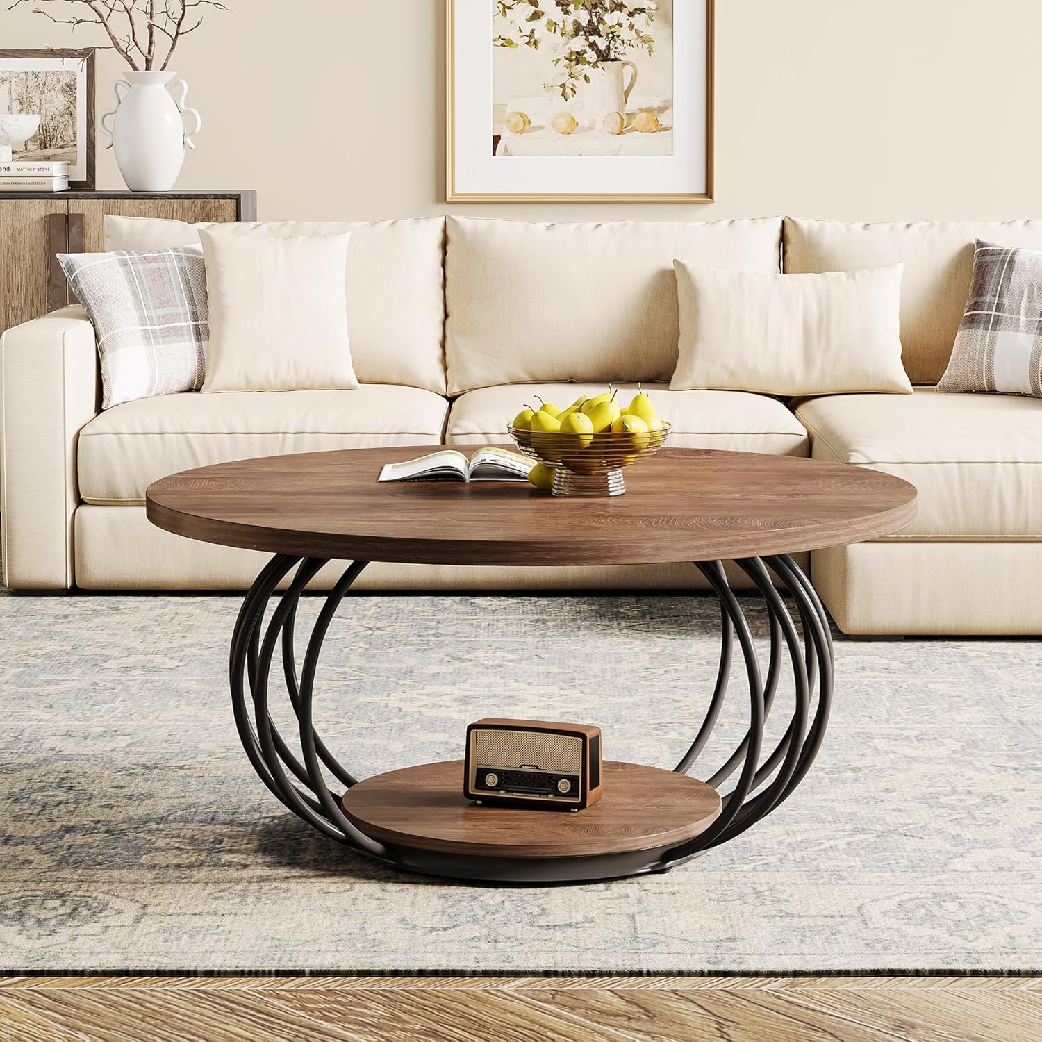 39.4" Coffee Table, Round 2 - Tier Accent Center Cocktail Table with Storage Shelf Tribesigns