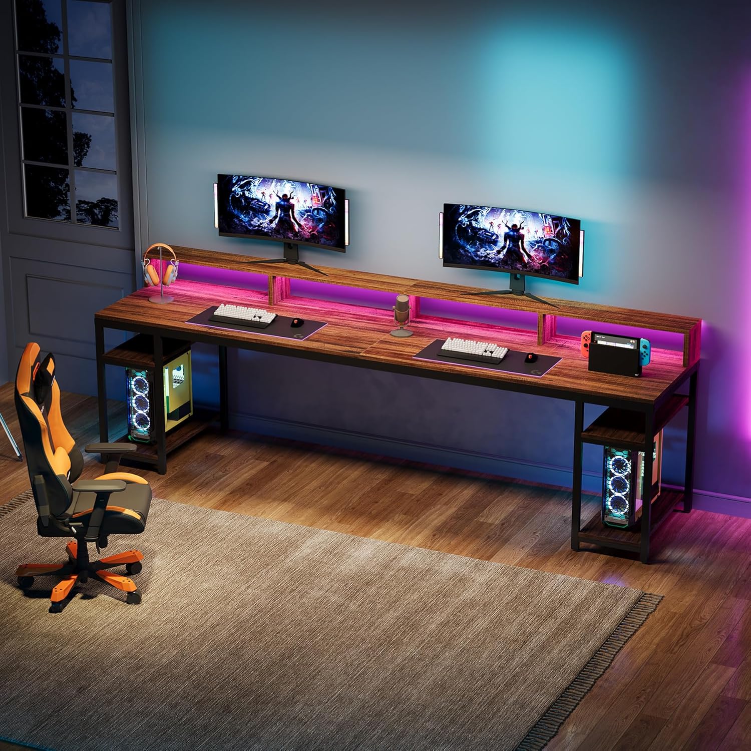 78.74" Extra Long Two Person Desk, Double Computer Desk with Storage Shelves