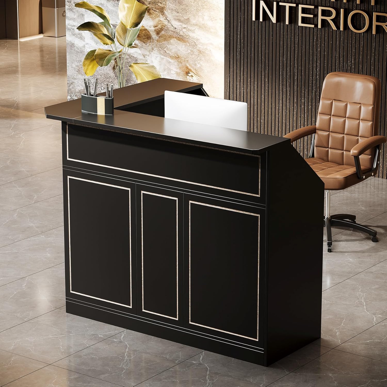 L-Shaped Reception Desk with Storage Shelves, Modern Front Desk for Small Office or Salon