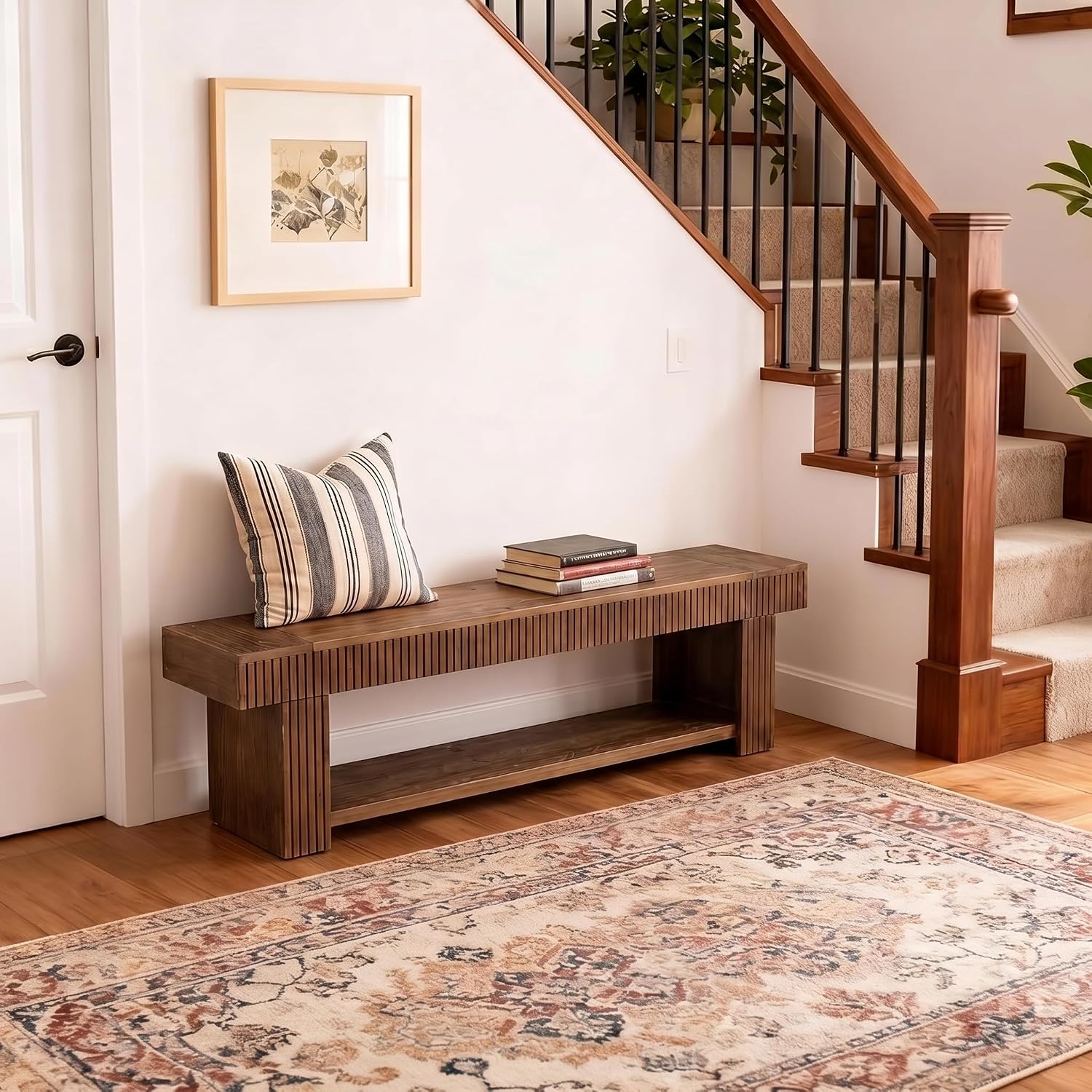 71 Inch Fluted Entryway Bench, Solid Wood Shoe Bench with Storage Shelf for Hallway