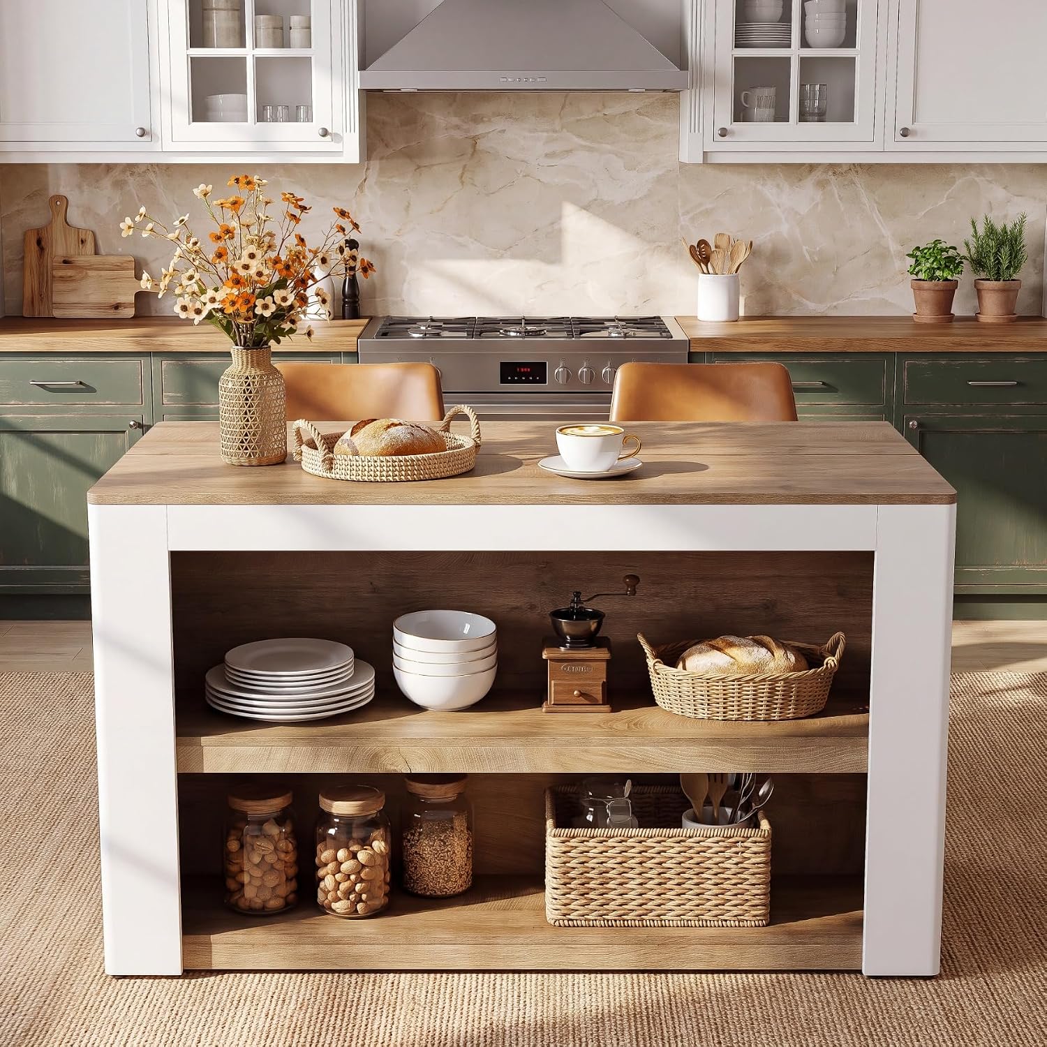 55" Farmhouse Kitchen Island, 3-Tier Wooden Stationary Island Table for Kitchen