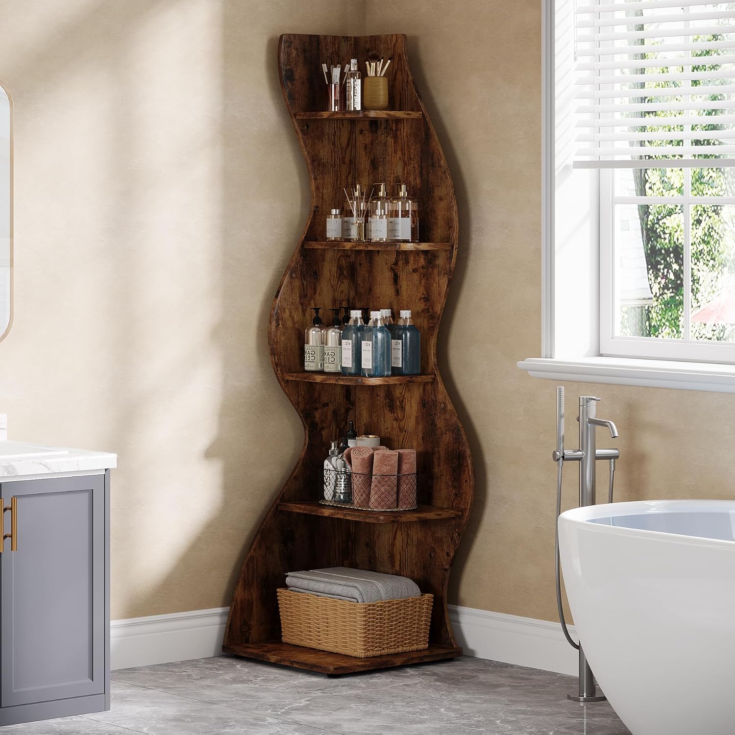 Tribesigns Wavy Corner Shelf, Modern 5-Tier Curved Bookshelf for Small Spaces