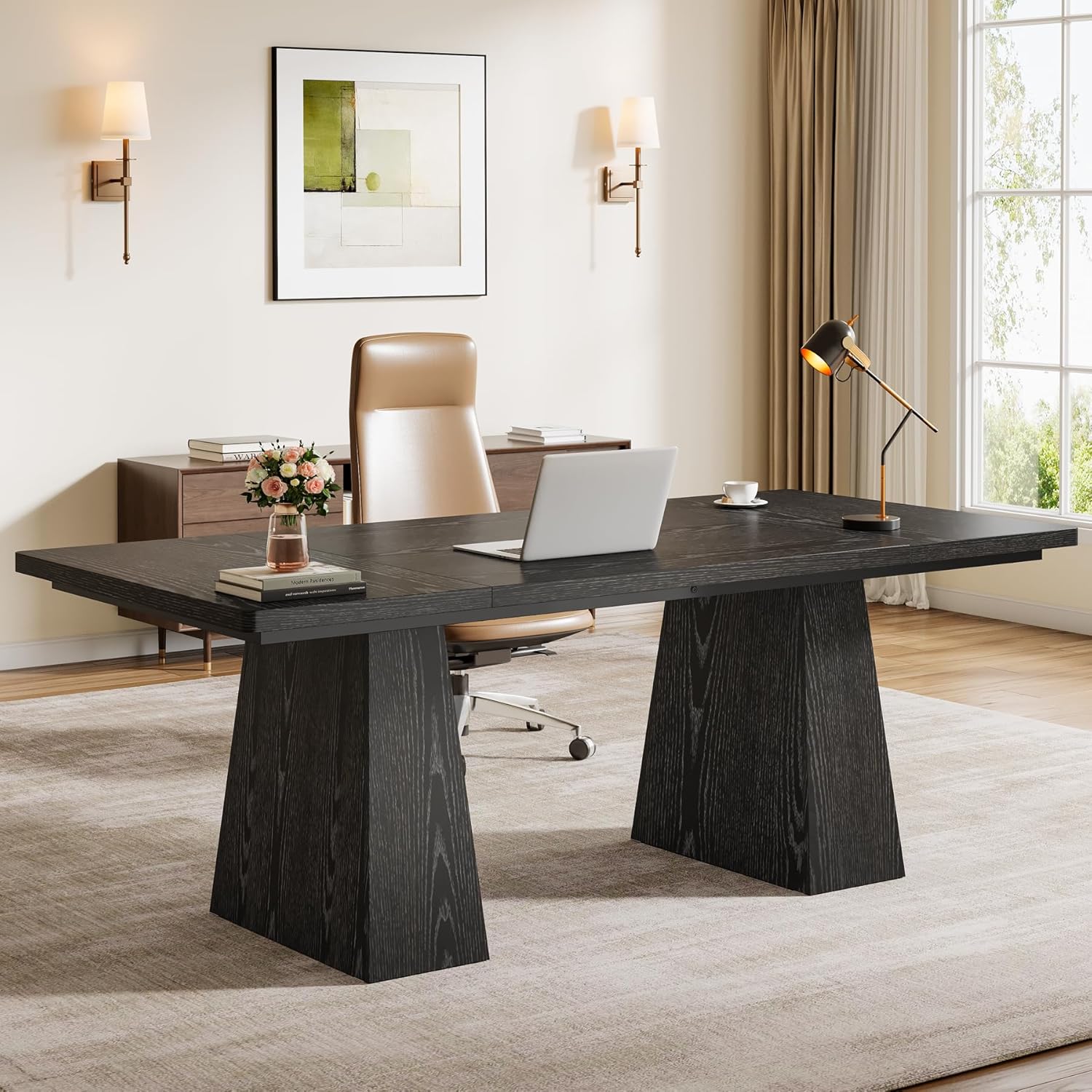 63" Executive Office Desk, Modern Black Double Pedestal Workstation for Home