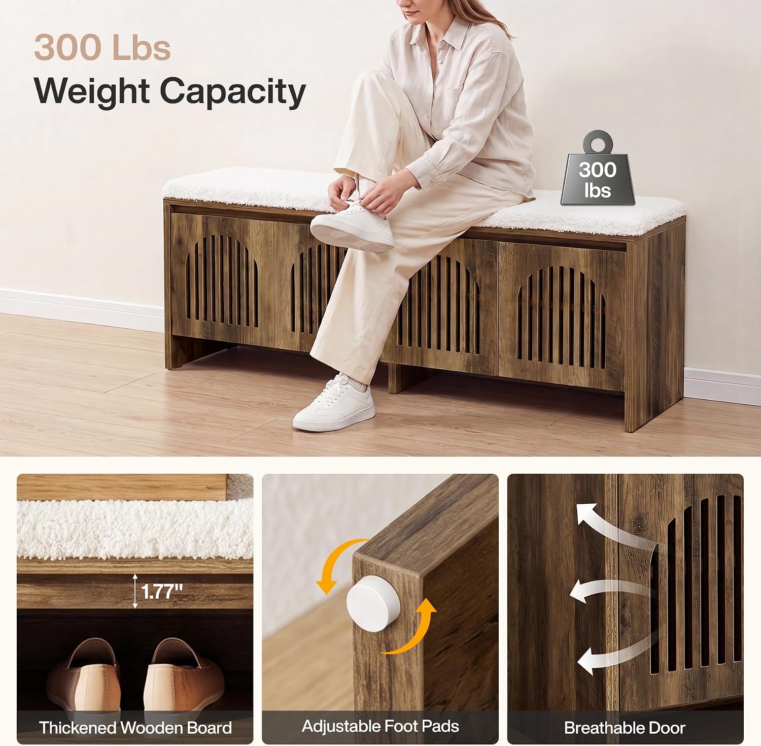55" Upholstered Shoe Storage Bench, 2-Tier Entryway Bench with Storage Shelves