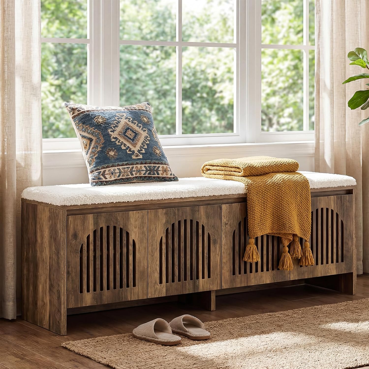 55" Upholstered Shoe Storage Bench, 2-Tier Entryway Bench with Storage Shelves