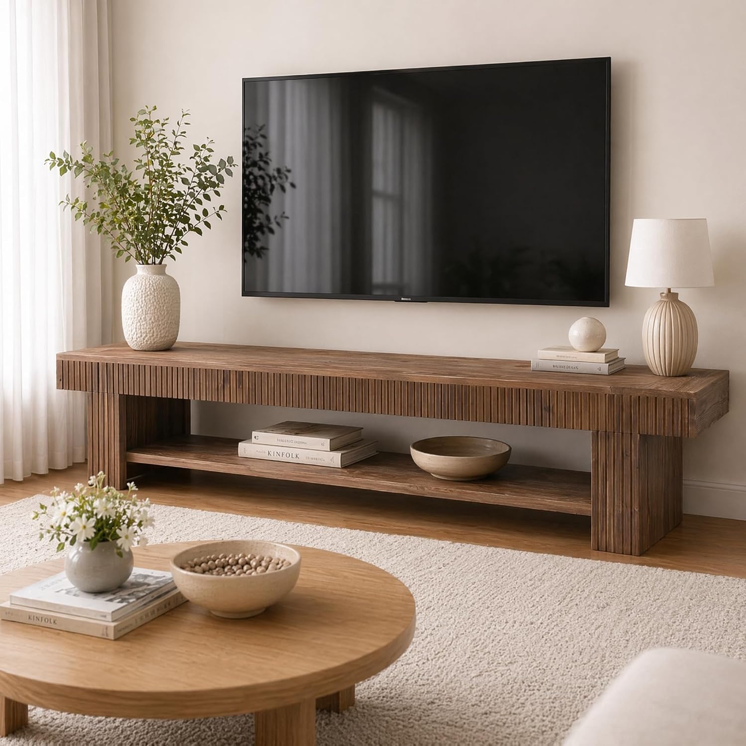 71 Inch Fluted Solid Wood TV Stand, Rustic Farmhouse Media Console with Open Storage for Living Room