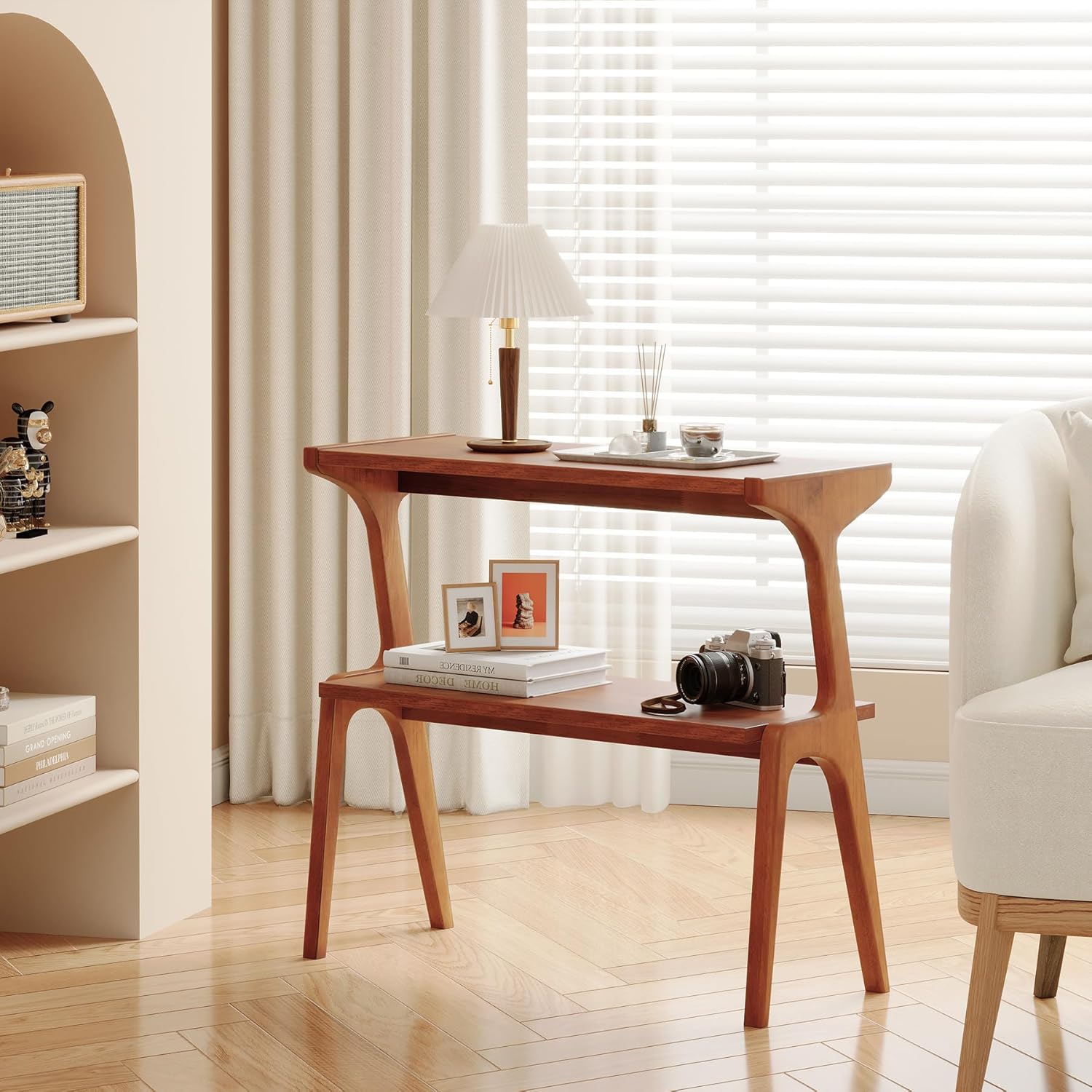 2-Tier Slim End Table, Solid Wood Sofa Side Table with Storage Shelf