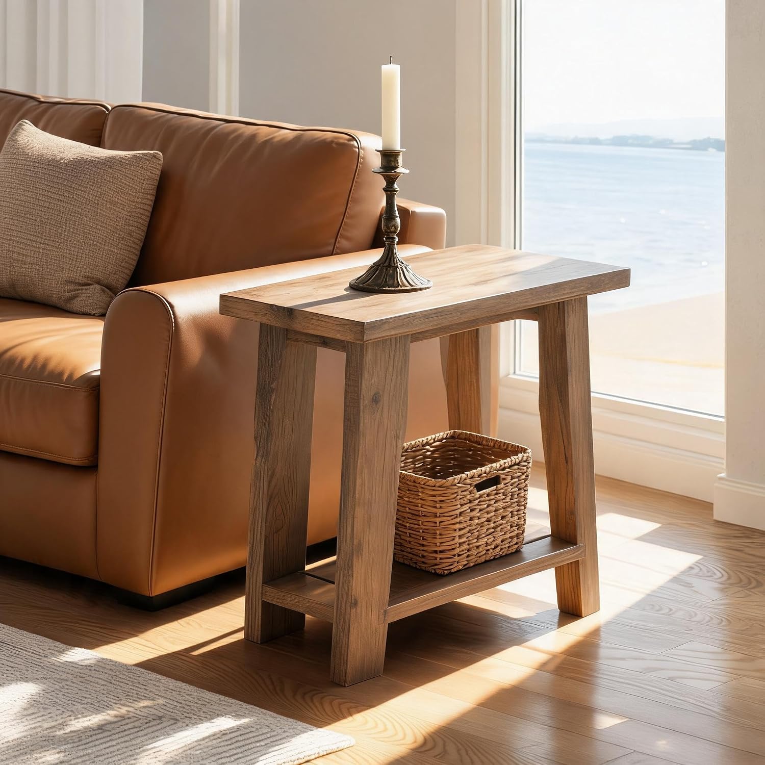 23.6" Solid Wood End Table, Narrow Side Table for Sofa Couch with Shelves
