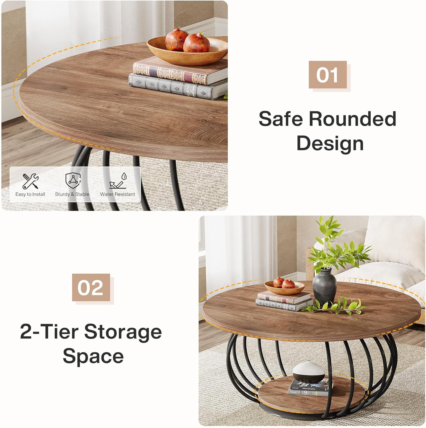 39.4" Coffee Table, Round 2 - Tier Accent Center Cocktail Table with Storage Shelf Tribesigns