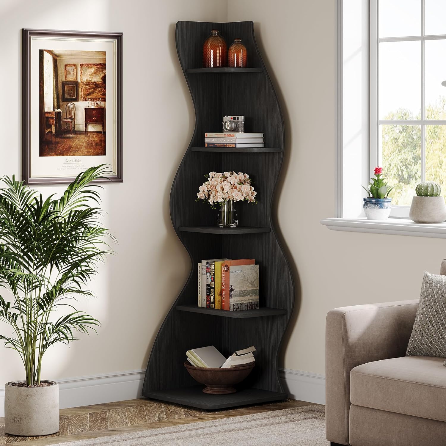 Tribesigns Wavy Corner Shelf, Modern 5-Tier Curved Bookshelf for Small Spaces