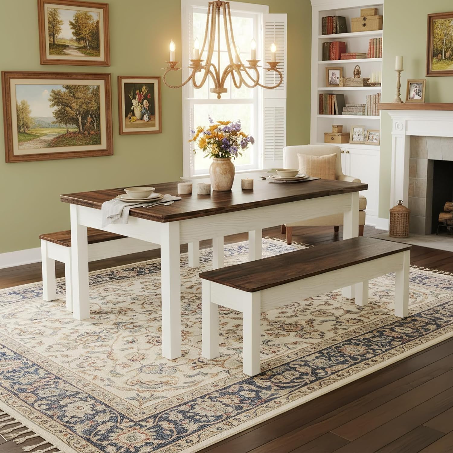 55" Farmhouse Kitchen Table Set for 4–6 People, 3 Piece Space Saving Dining Table with 2 Benches