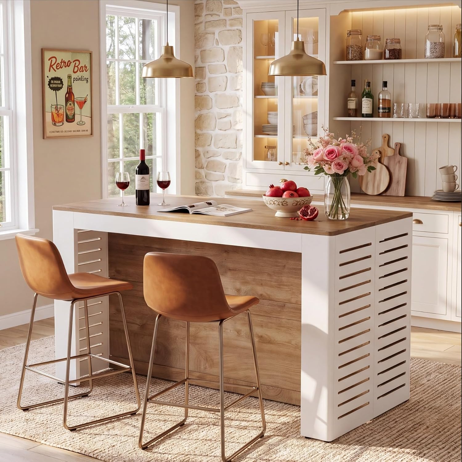 55" Farmhouse Kitchen Island, 3-Tier Wooden Stationary Island Table for Kitchen