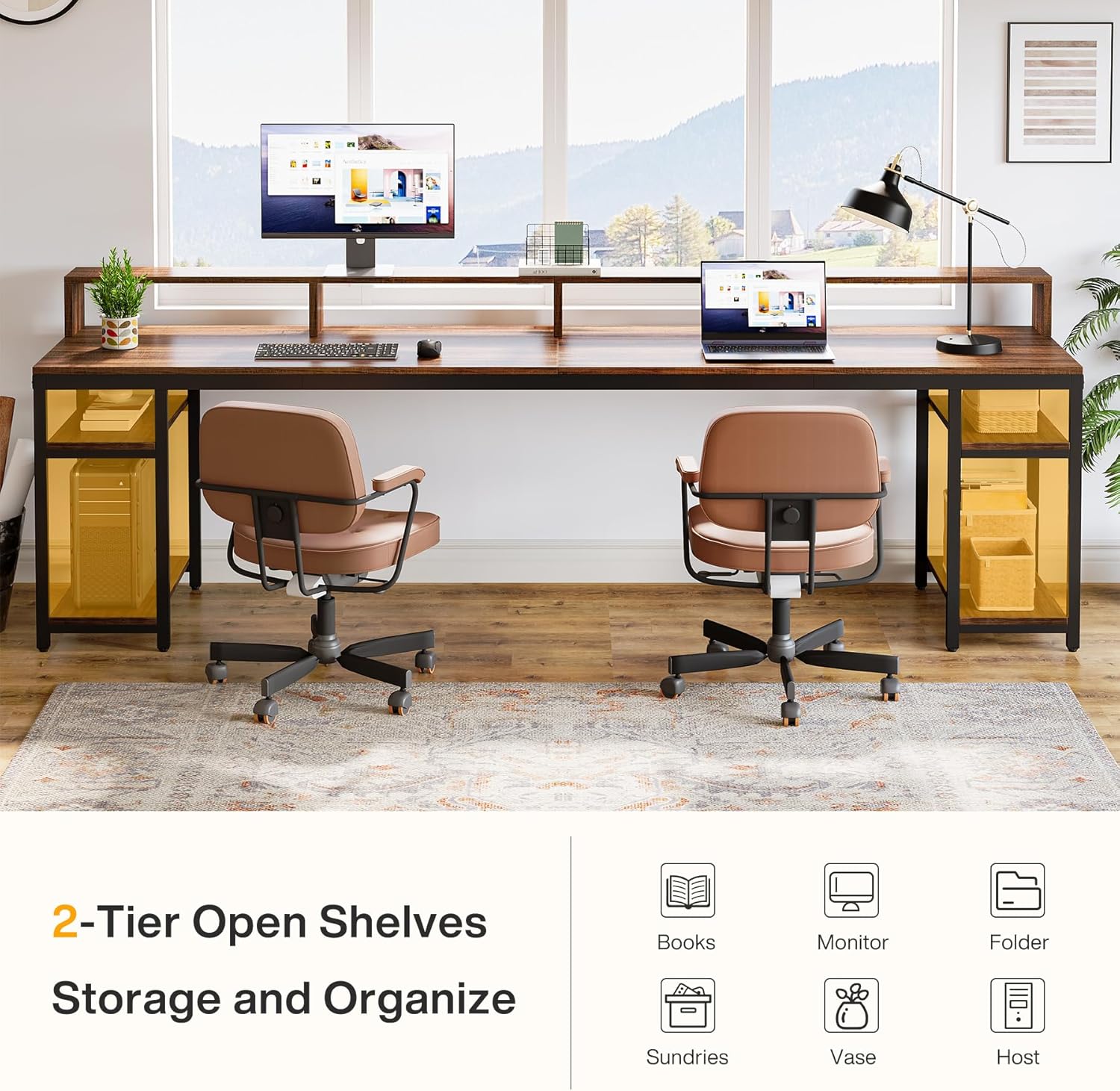 78.74" Extra Long Two Person Desk, Double Computer Desk with Storage Shelves