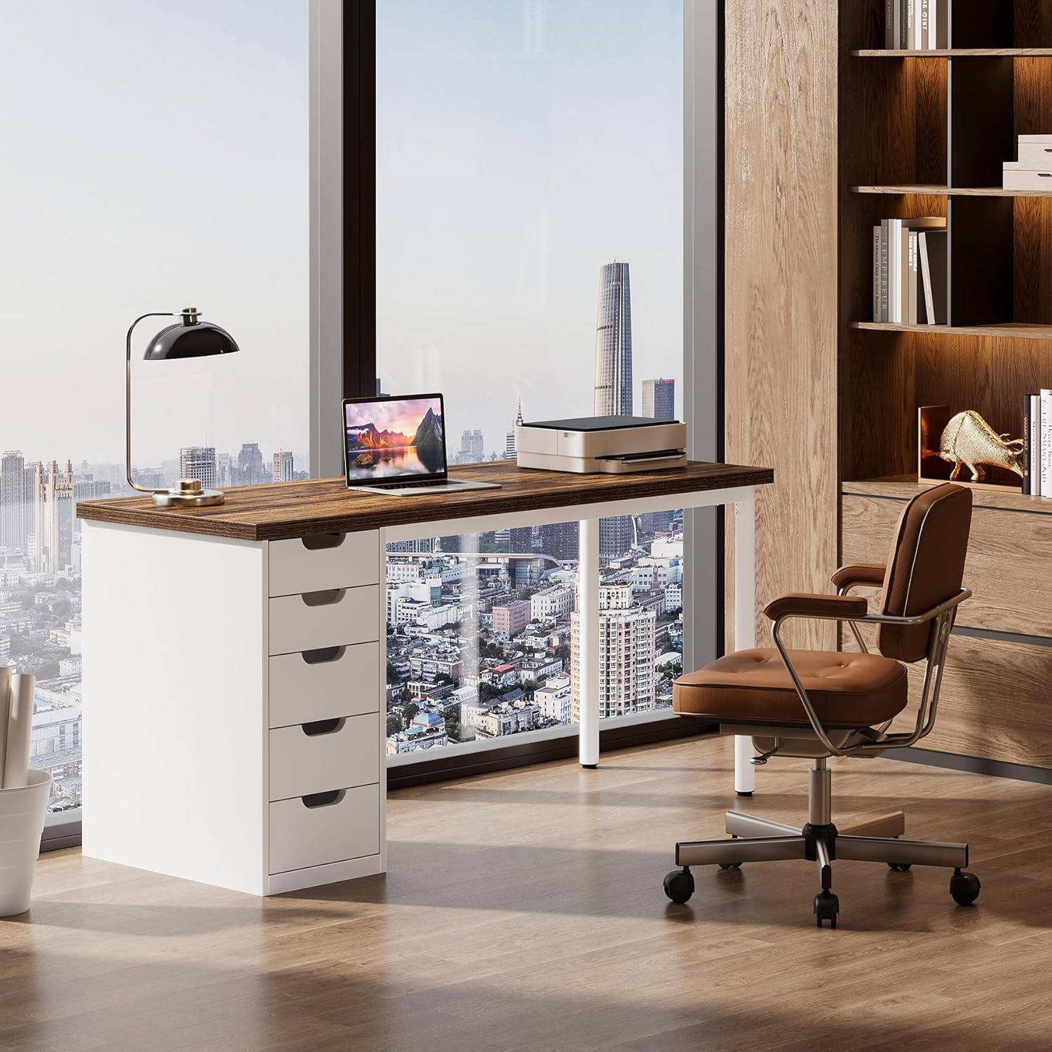 Modern Computer Desk, 47" Study Writing Table with 5 Reversible Drawers for Home Office