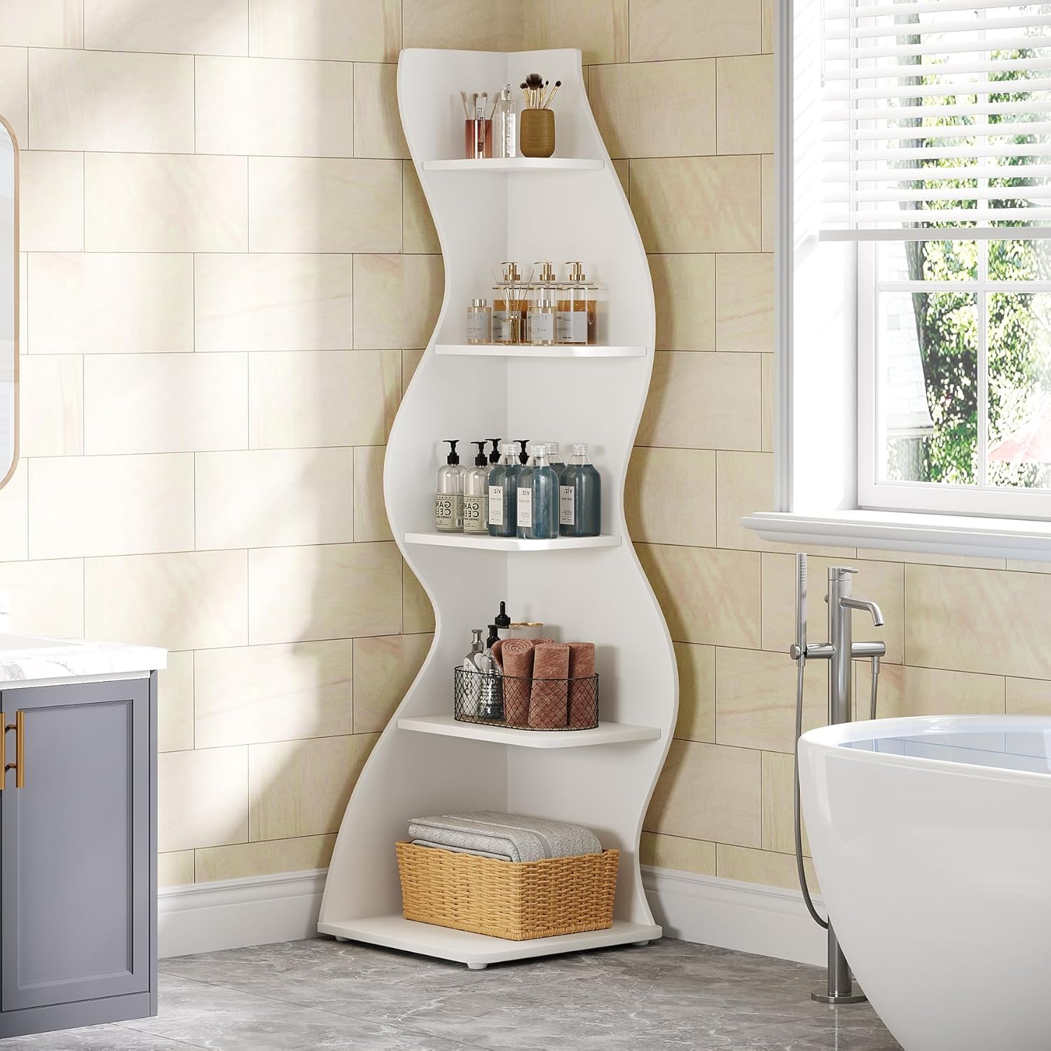 Tribesigns Wavy Corner Shelf, Modern 5-Tier Curved Bookshelf for Small Spaces