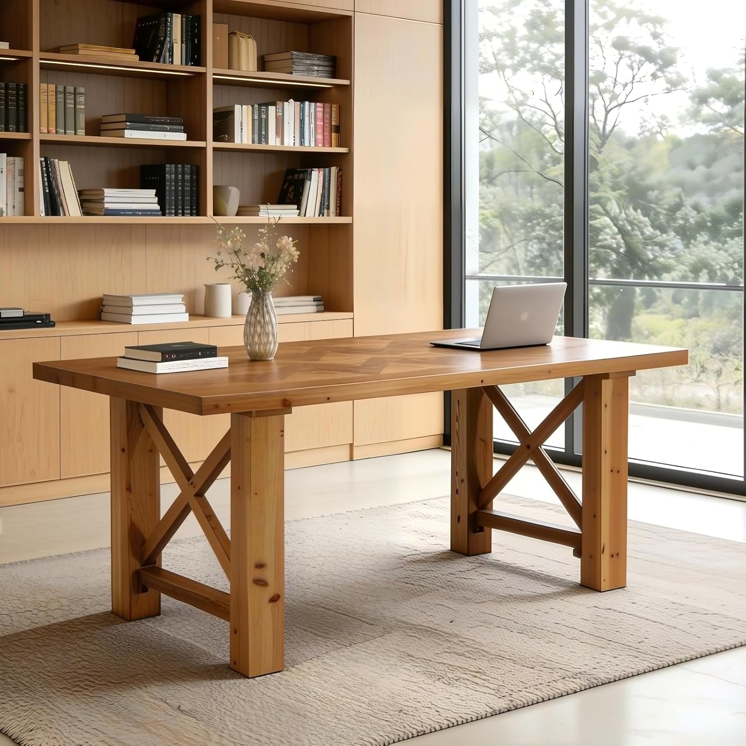 Solid Wood Computer Desk, 63" Executive Office Desk with Parquet Top