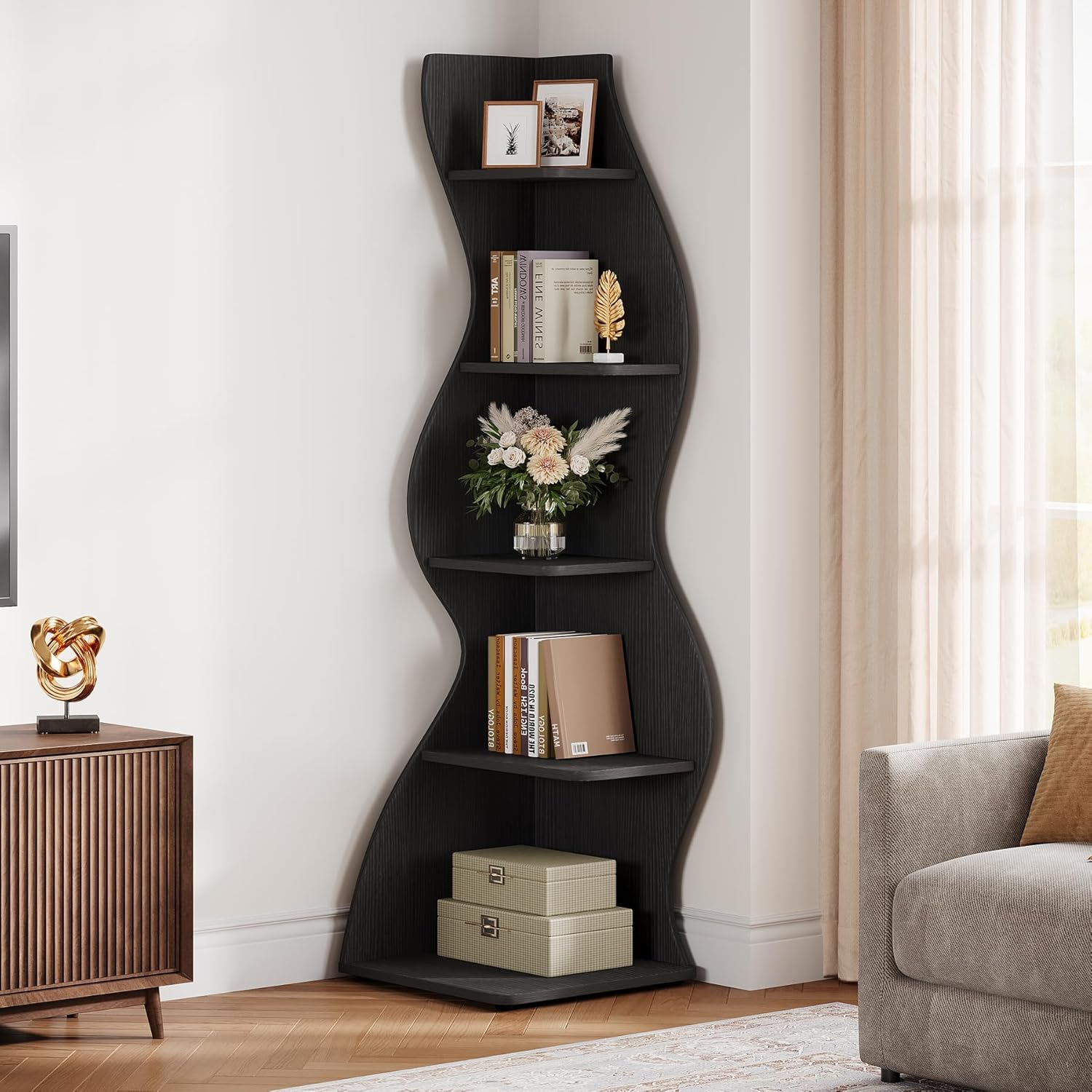 Tribesigns Wavy Corner Shelf, Modern 5-Tier Curved Bookshelf for Small Spaces
