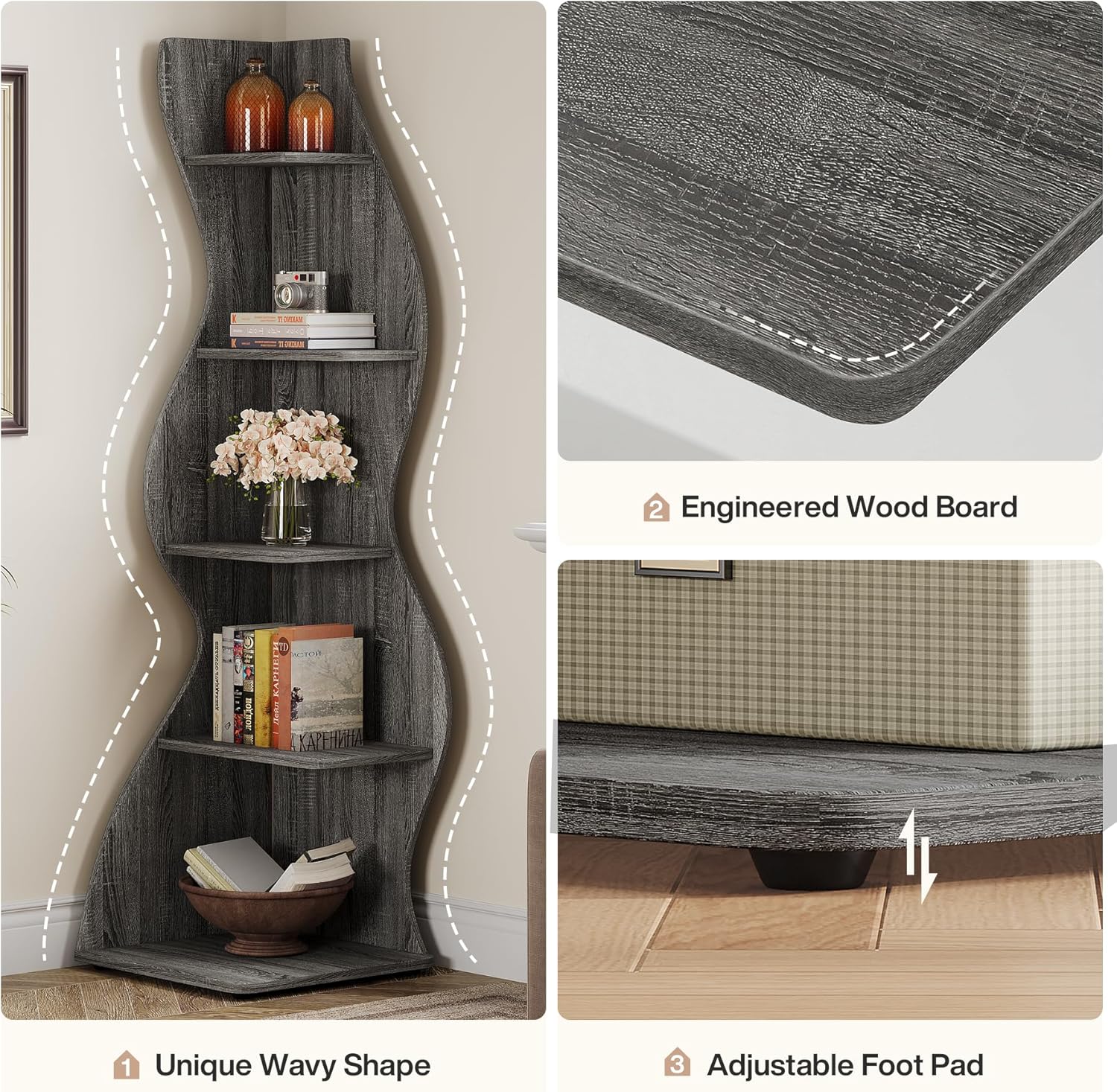 Tribesigns Wavy Corner Shelf, Modern 5-Tier Curved Bookshelf for Small Spaces