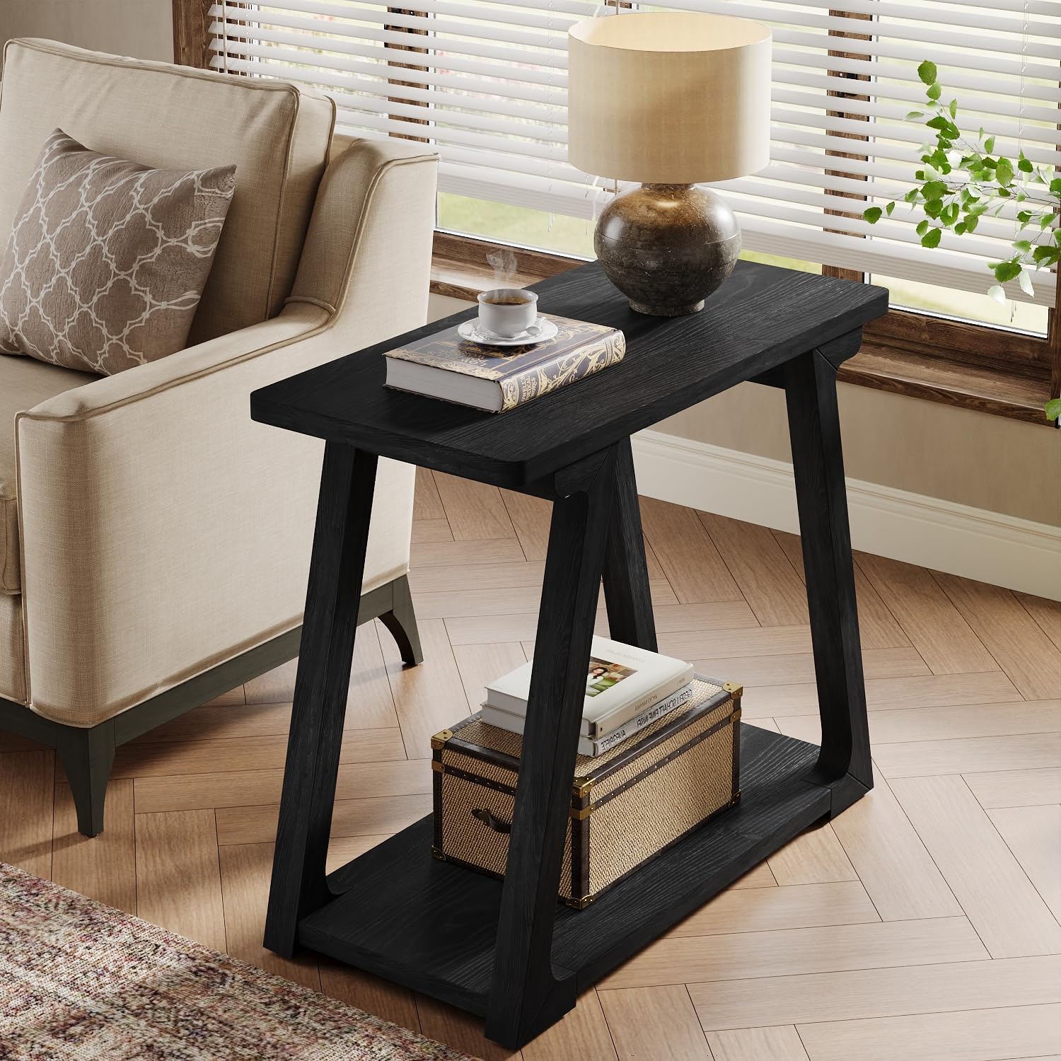 Solid Wood End Table, Narrow Side Table Nightstand with 2-Tier Storage