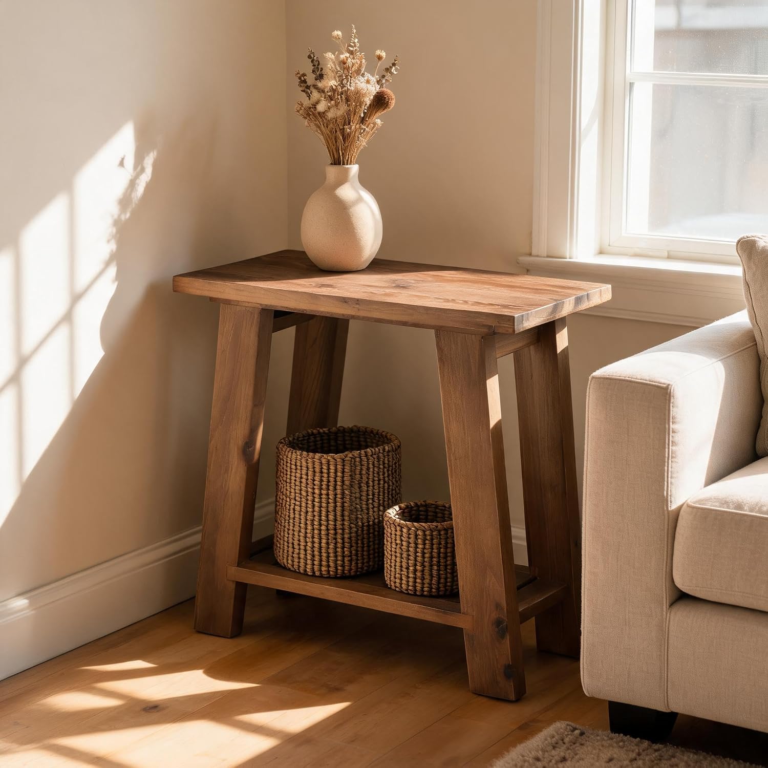 23.6" Solid Wood End Table, Narrow Side Table for Sofa Couch with Shelves