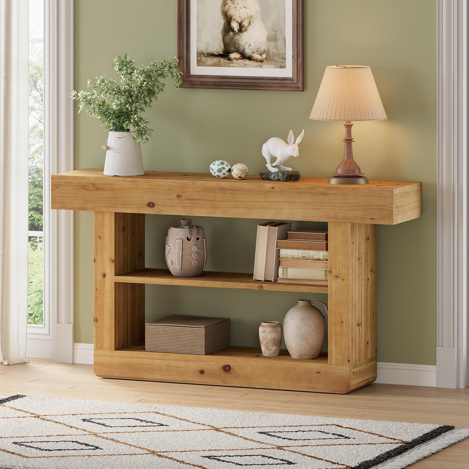 63" Solid Wood Console Table, 3-Tier Sofa Table with Storage for Entryway