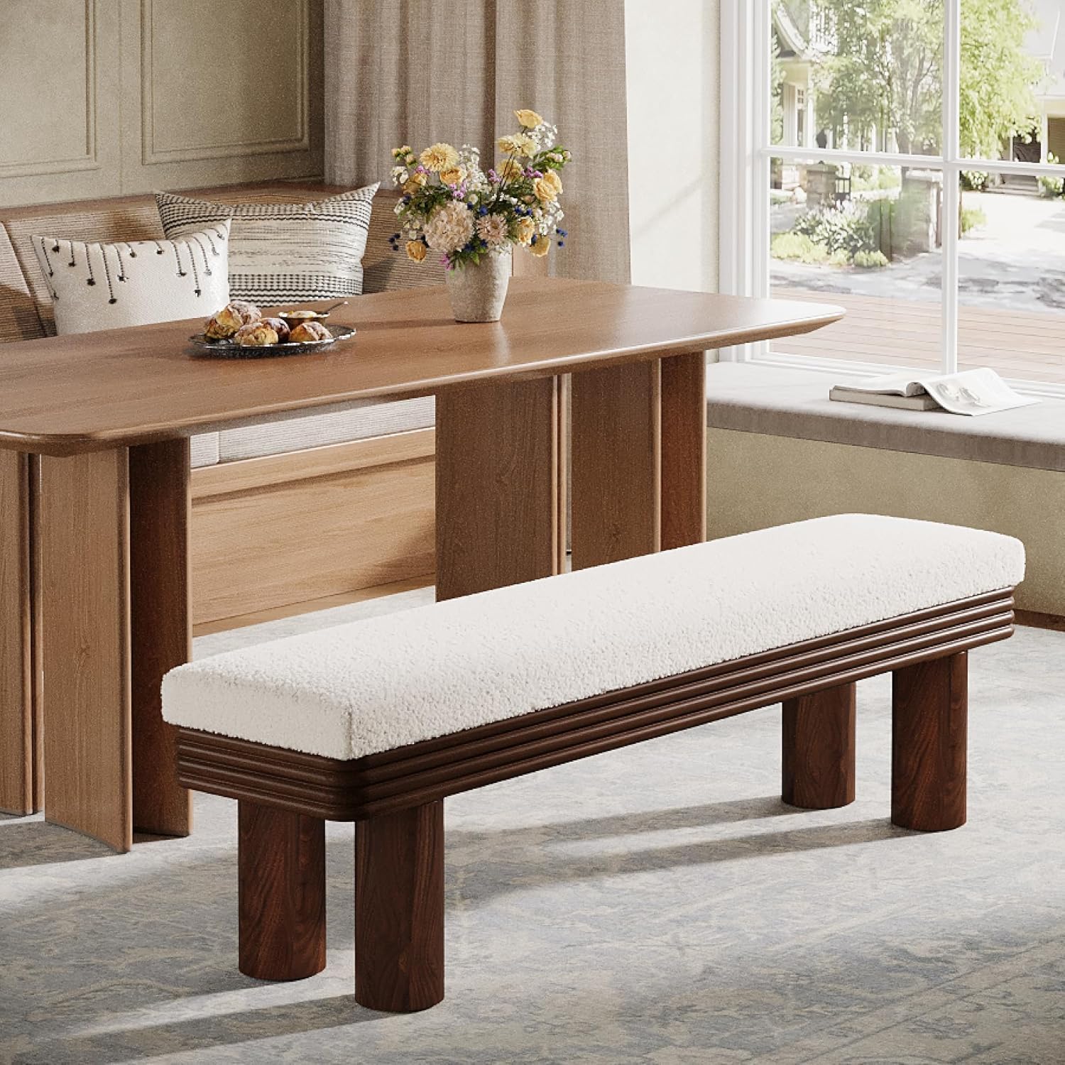 55" Upholstered Dining Bench with Faux Shearling Padded Seat