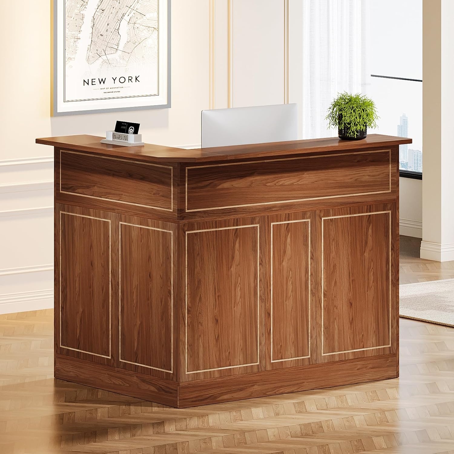 L-Shaped Reception Desk with Storage Shelves, Modern Front Desk for Small Office or Salon
