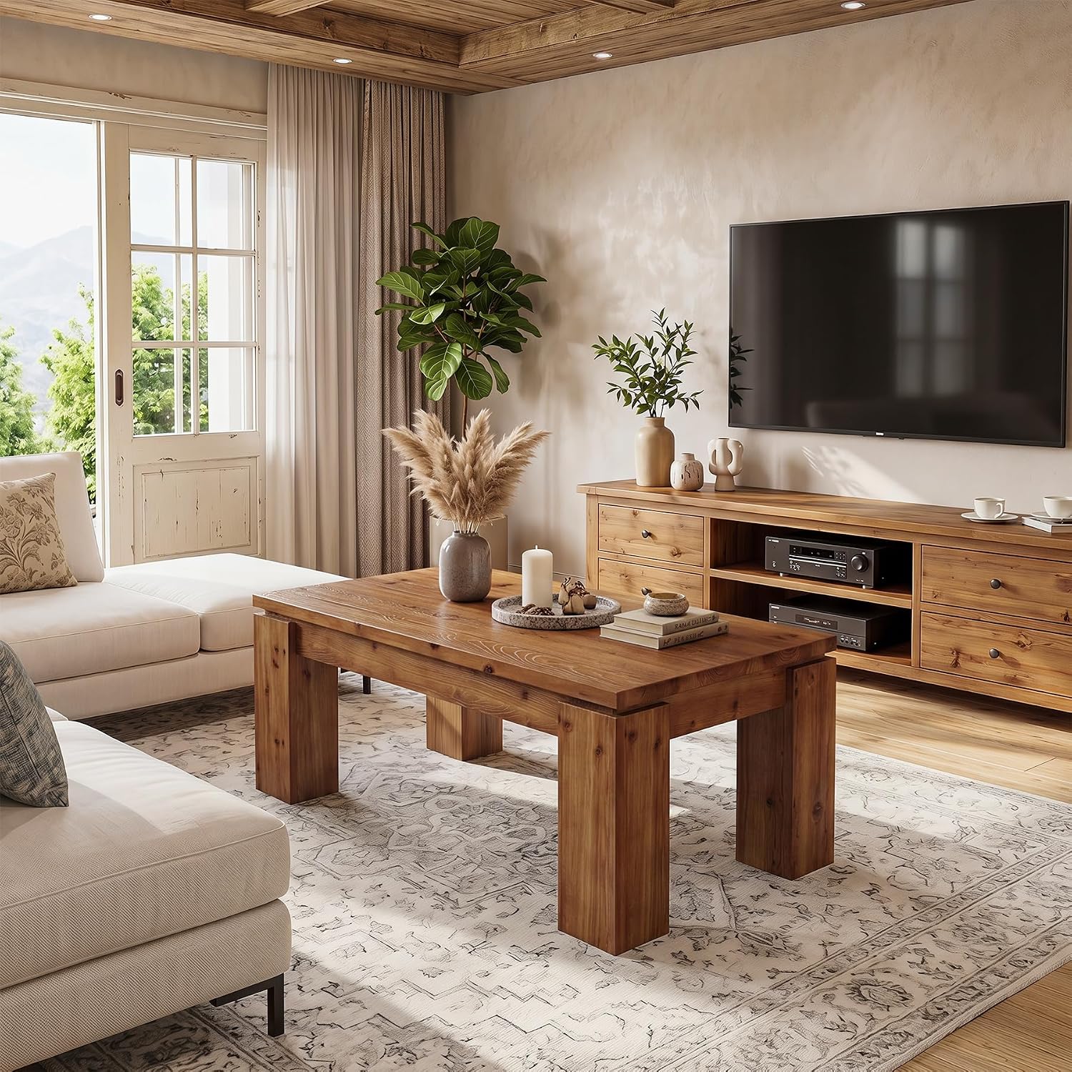 47" Solid Wood Coffee Table, Rectangular Chunky Leg Center Table Cocktail Tea Table