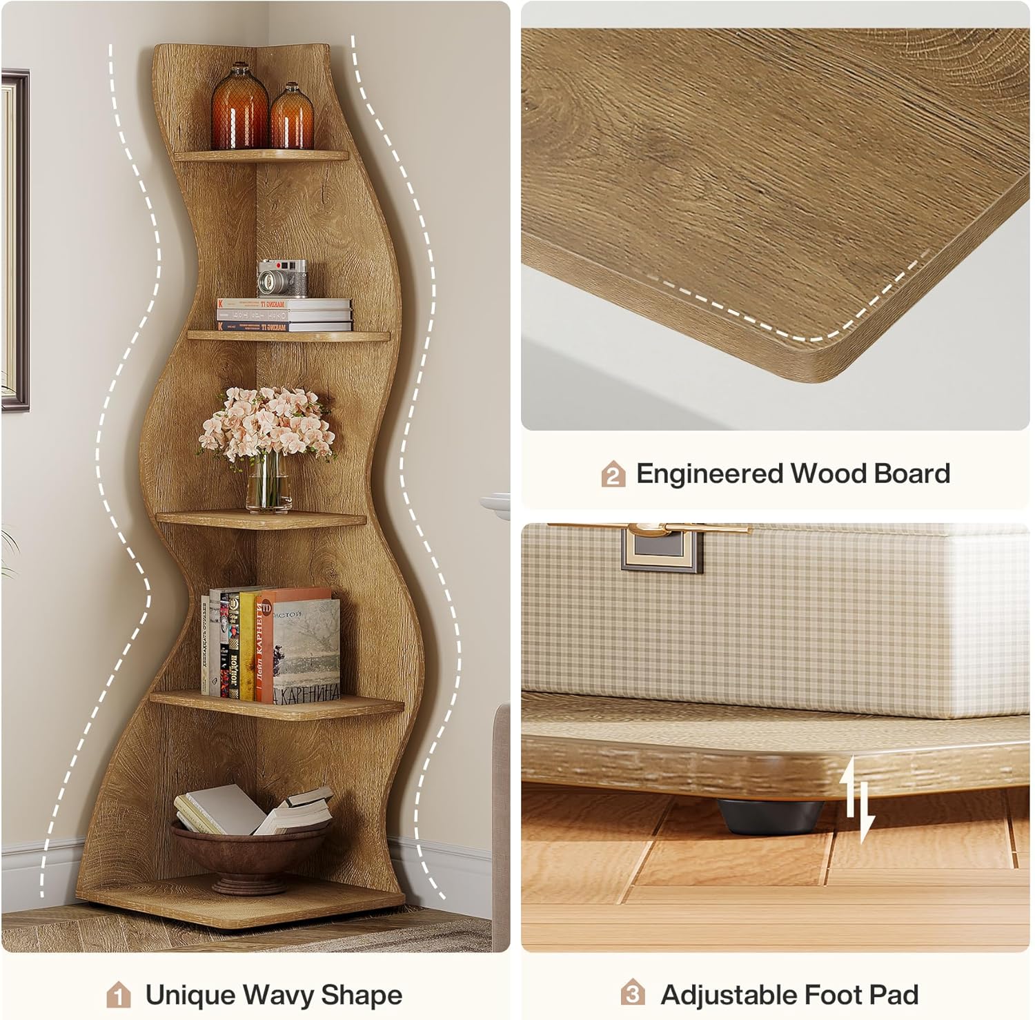 Tribesigns Wavy Corner Shelf, Modern 5-Tier Curved Bookshelf for Small Spaces