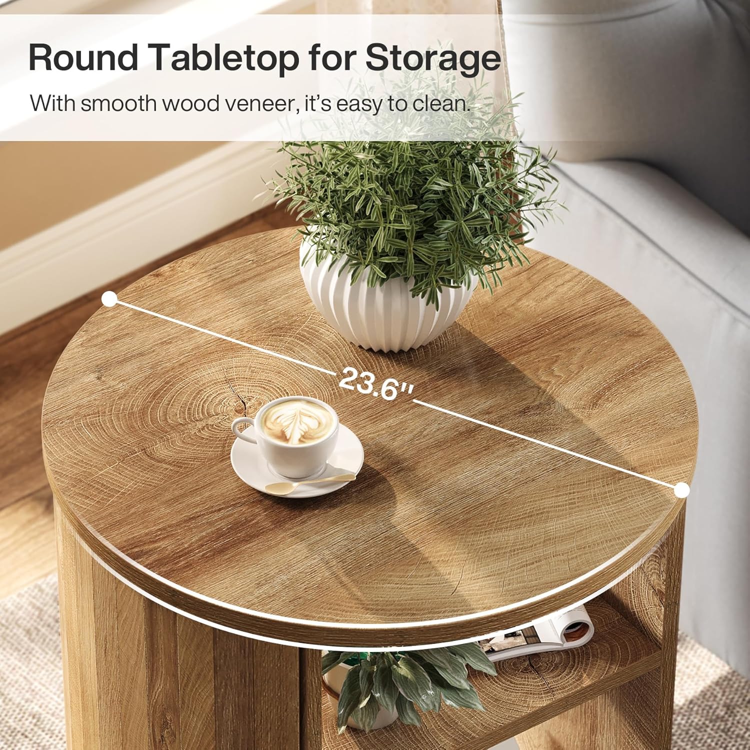 23.6" End Table, 3-Tier Round Side Table with Storage Shelf