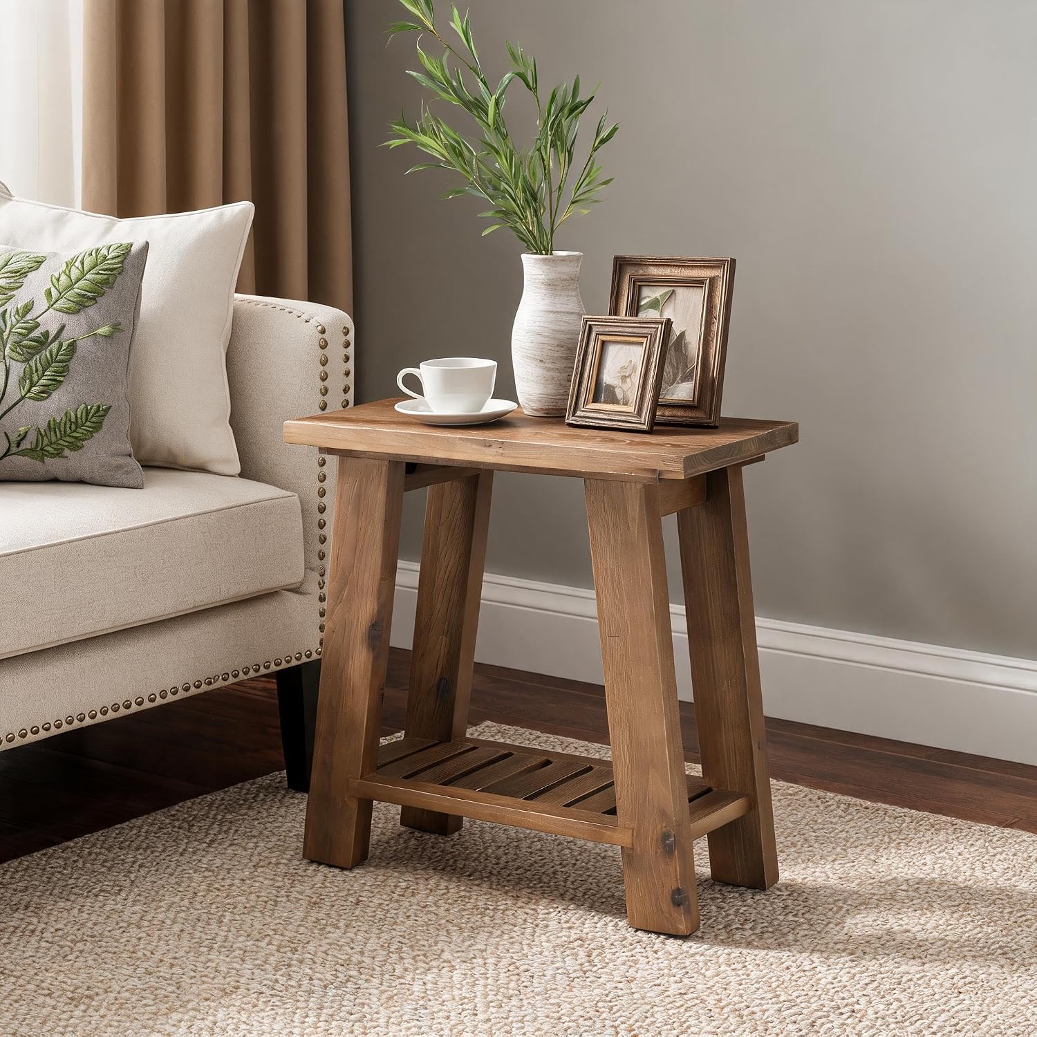 23.6" Solid Wood End Table, Narrow Side Table for Sofa Couch with Shelves