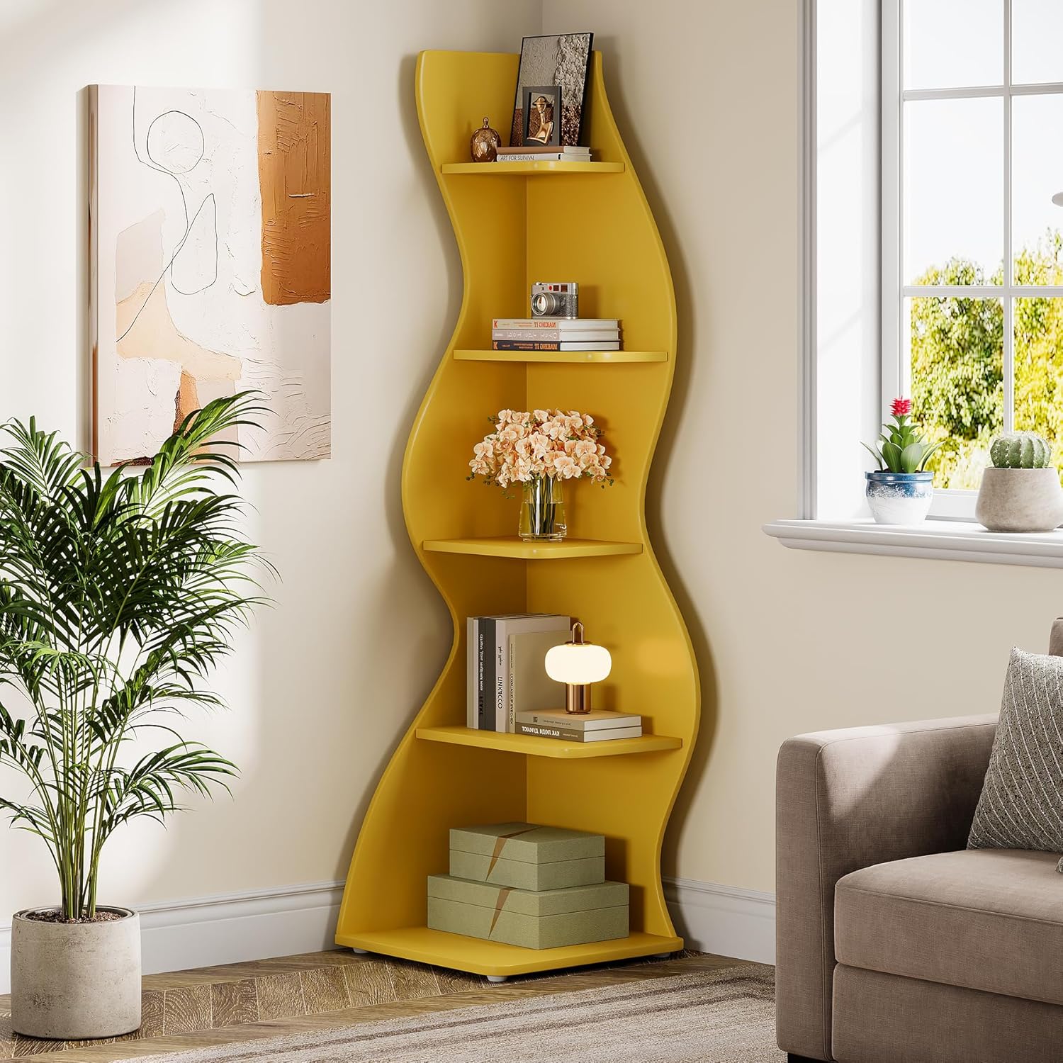 Tribesigns Wavy Corner Shelf, Modern 5-Tier Curved Bookshelf for Small Spaces