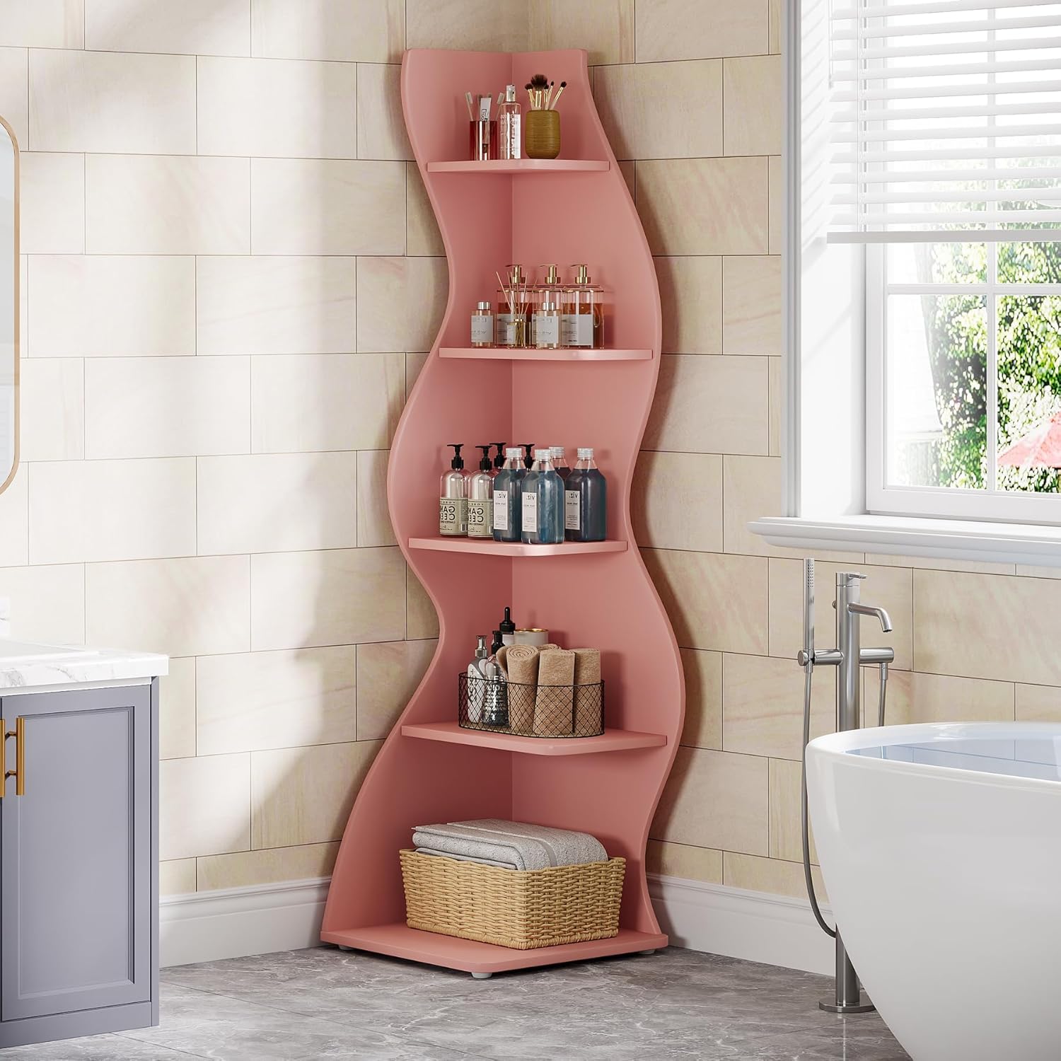 Tribesigns Wavy Corner Shelf, Modern 5-Tier Curved Bookshelf for Small Spaces