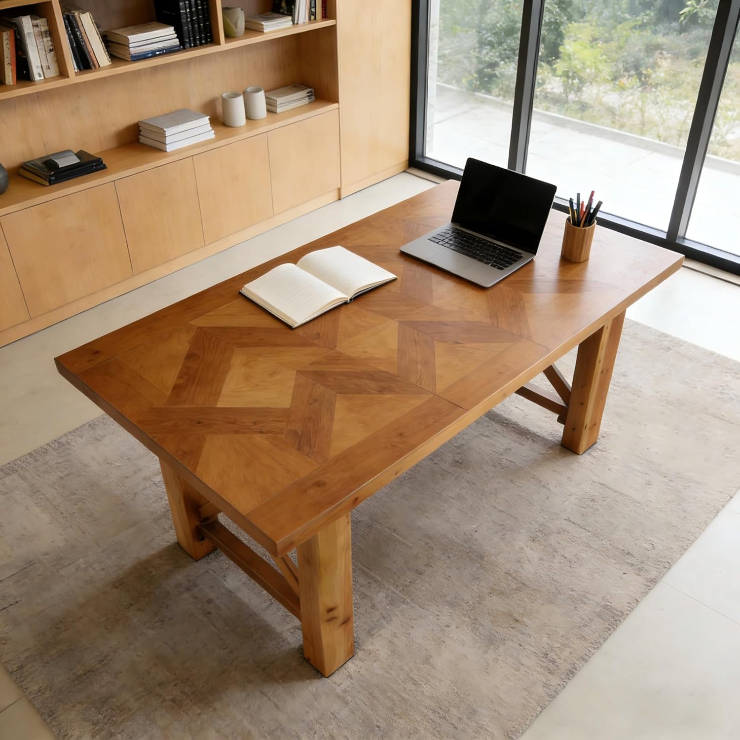 Solid Wood Computer Desk, 63" Executive Office Desk with Parquet Top