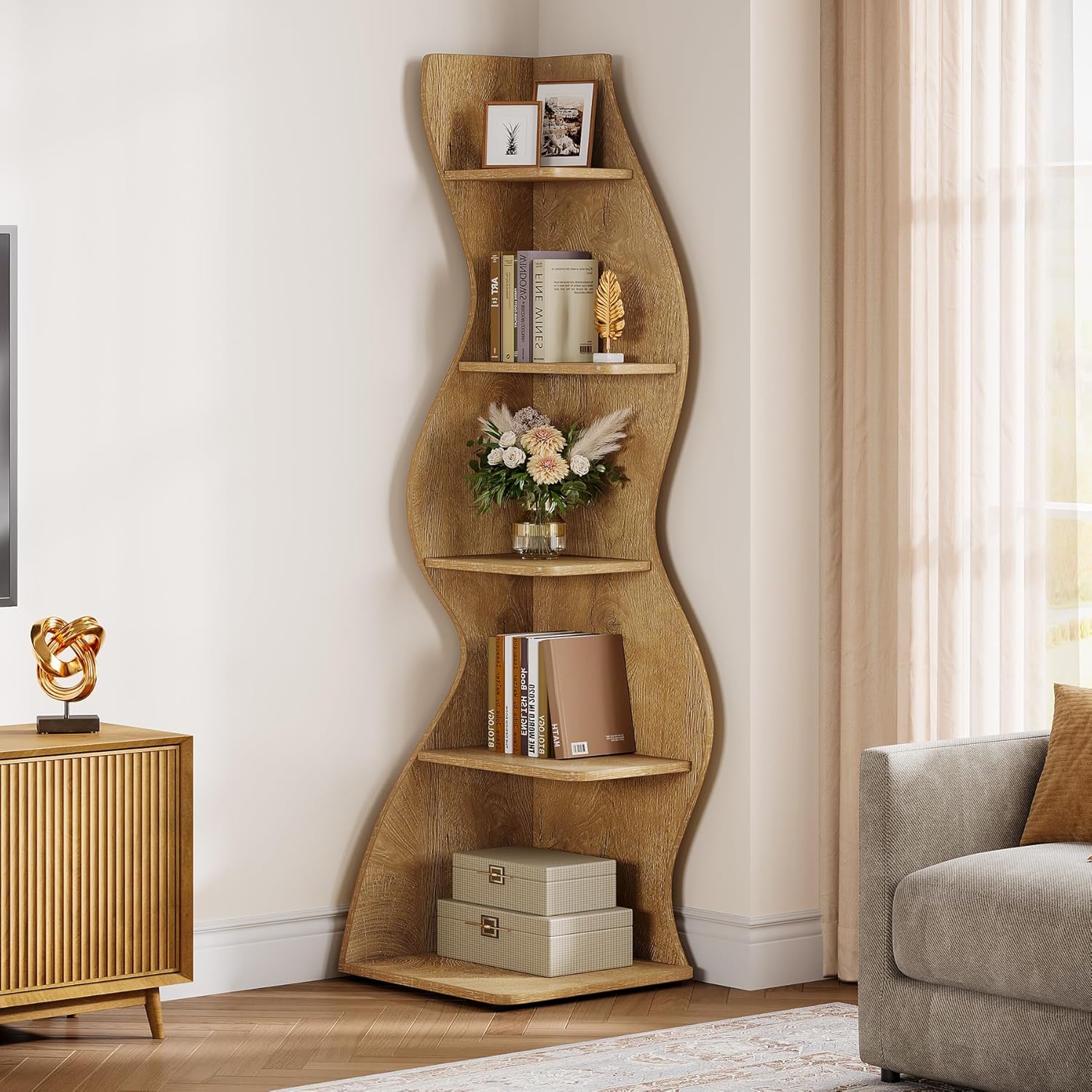 Tribesigns Wavy Corner Shelf, Modern 5-Tier Curved Bookshelf for Small Spaces